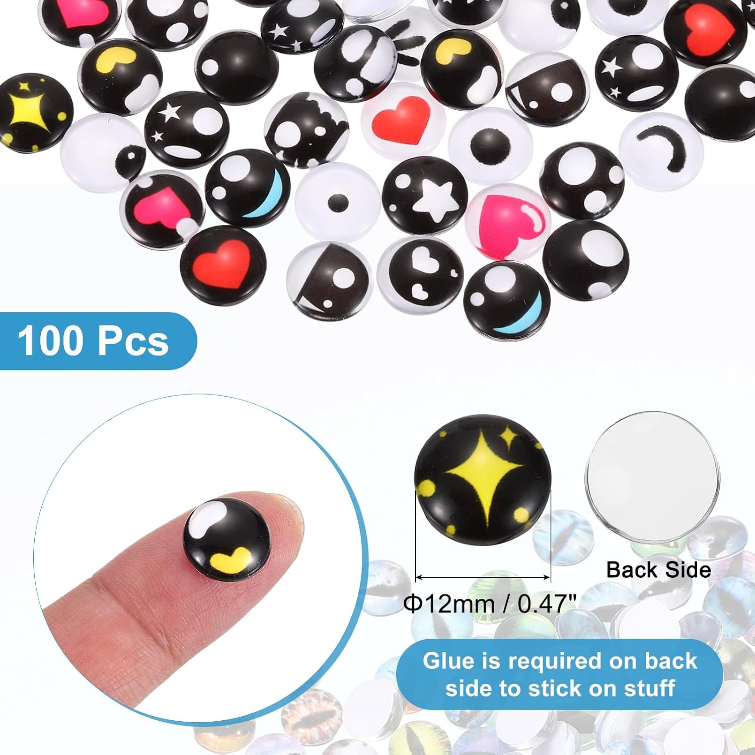 PATIKIL 100 Pcs Glass Craft Eyes, 12mm Cabochon Kawaii Doll Craft Eye for Clay Animals Handicrafts DIY Jewelry Projects, Blue/Black/White/Yellow/Red (217#)