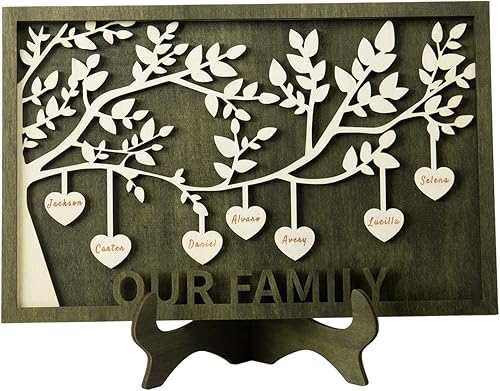 Vista 232 de Árbol genealógico con etiqueta de corazón, placas de madera grabadas personalizadas, regalos personalizados para madres, padres, escritorio, nombres