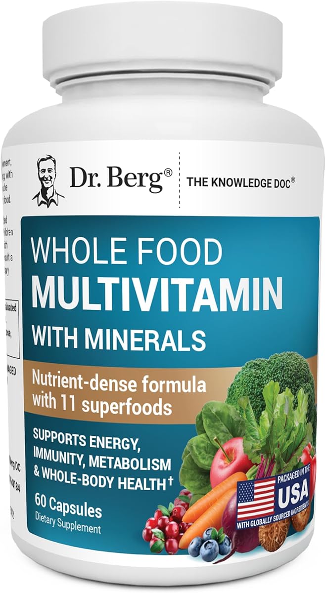 Dr. Berg Whole Food Multivitamin with Minerals - Daily Multivitamin for Men and Women - Includes Premium Whole Food Fruits and Vegetable Blend with Folate, Alpha-lipoic Acid and More - 60 Capsules