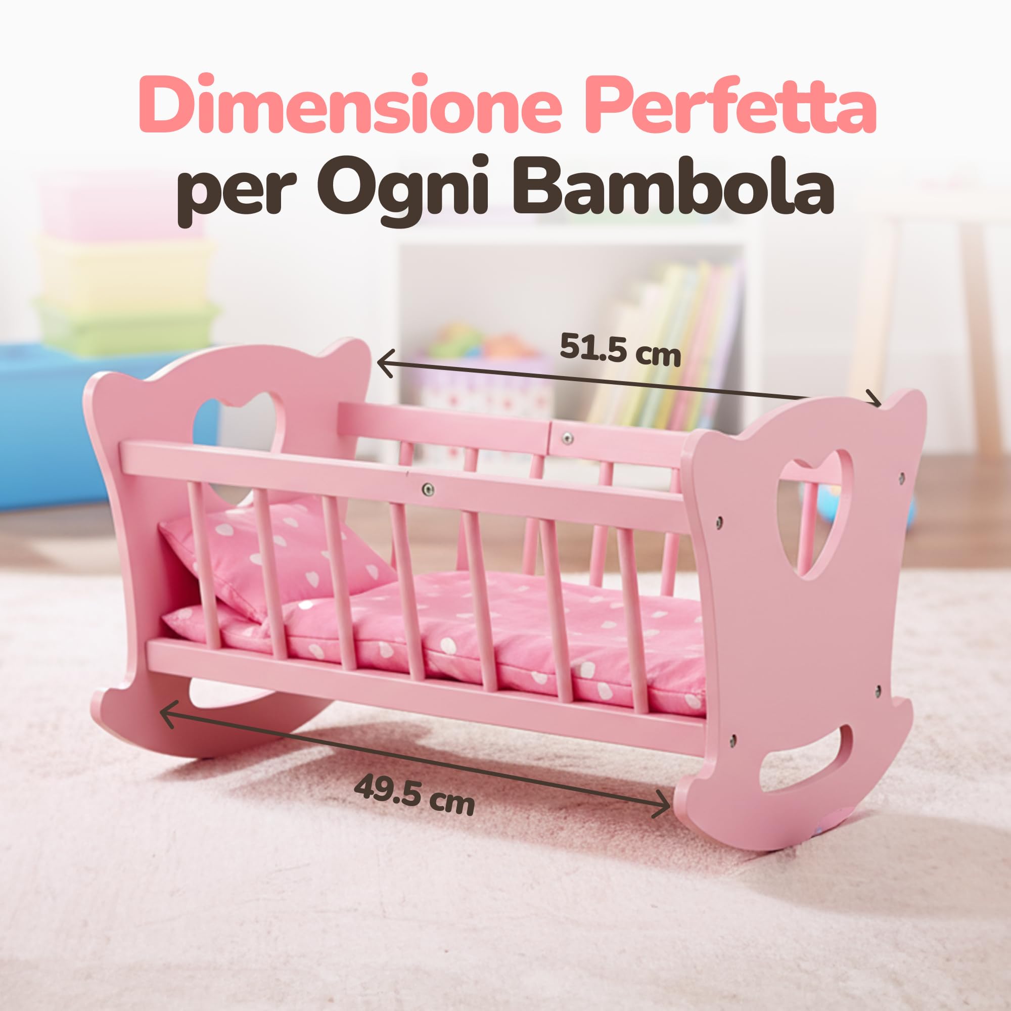 Kinderplay Culla per bambole in legno con biancheria da letto, letto a dondolo per bambole fino a 49,5 cm, giocattolo sostenibile in legno per ragazze dai 3 anni in su, letto per bambole con materasso