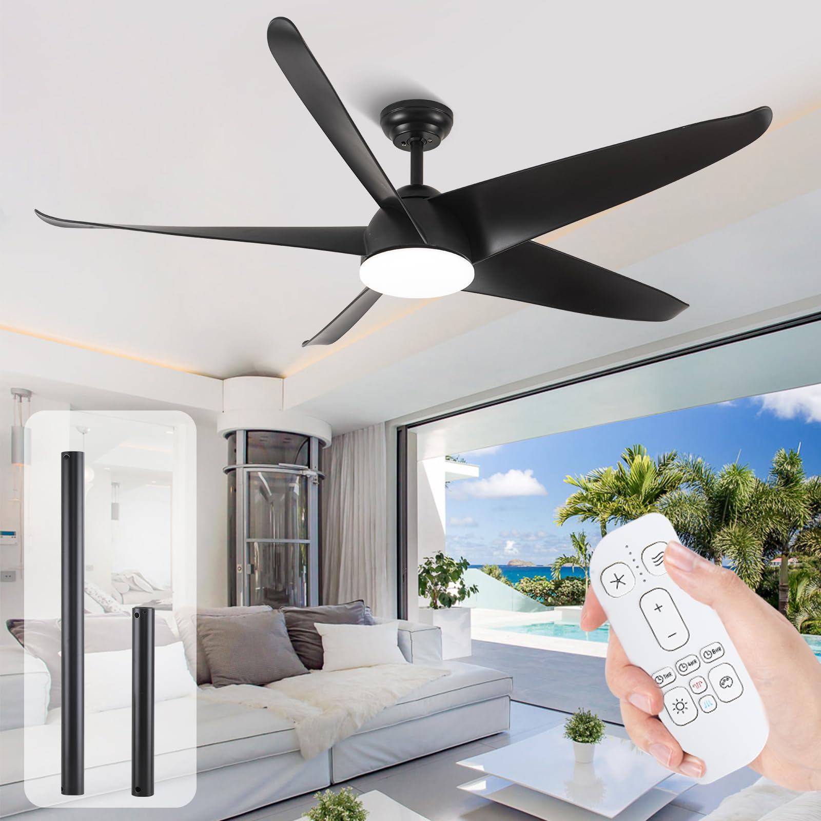 YZEENM 60 Inch Outdoor Ceiling Fans for Patios with Light, Farmhouse Rustic Ceiling Fan High CFM 5 Blades Propeller Design, Black Modern Silent DC