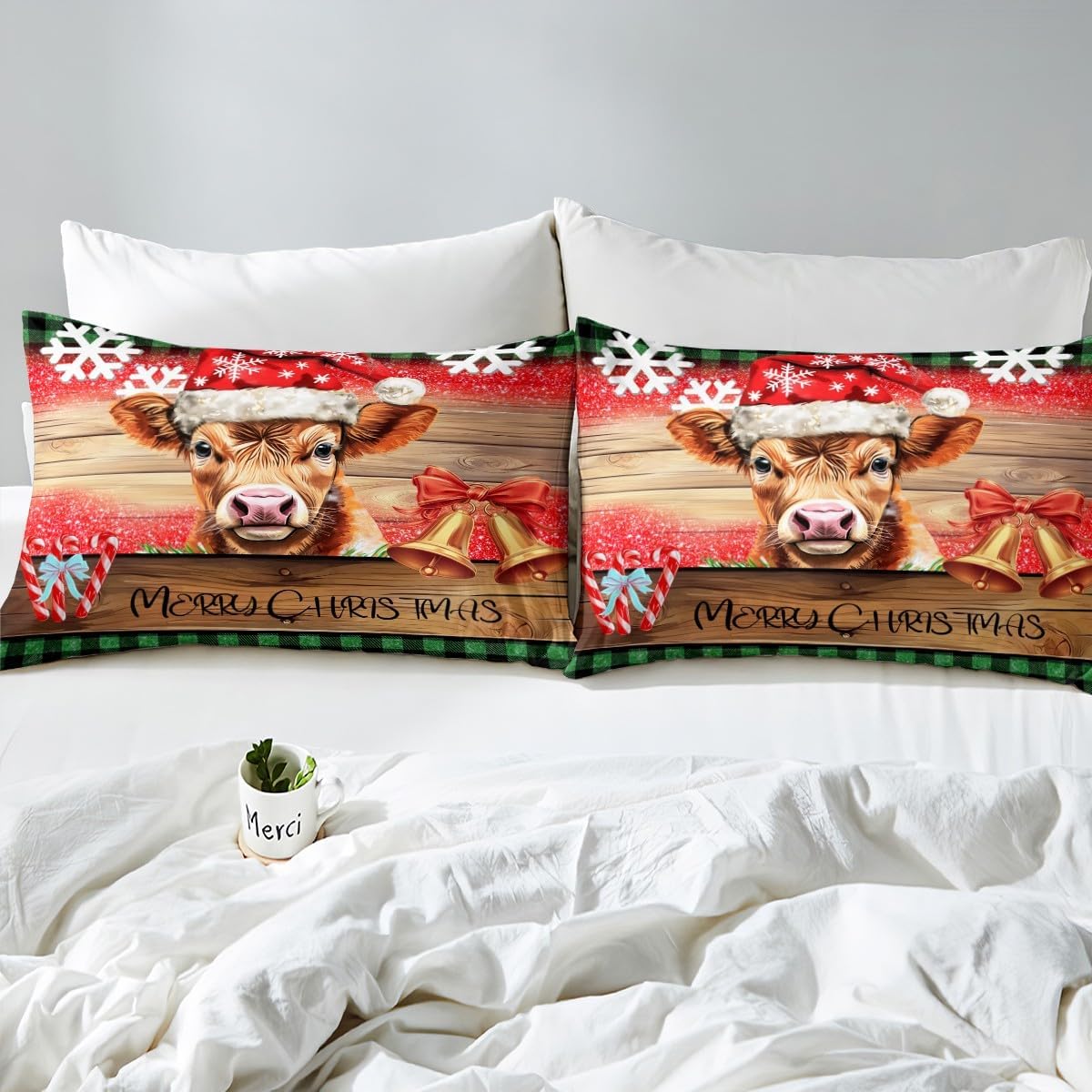 Manfei Christmas Cattle Bed Sheet Queen Set,Xmas Animal Snowflake Jingle Bell Bowknot Sheets Sets,Rustic Wooden Plank Green Plaids Patchwork Bedding Set with Flat,Fitted Sheet,2 Pillow Cases