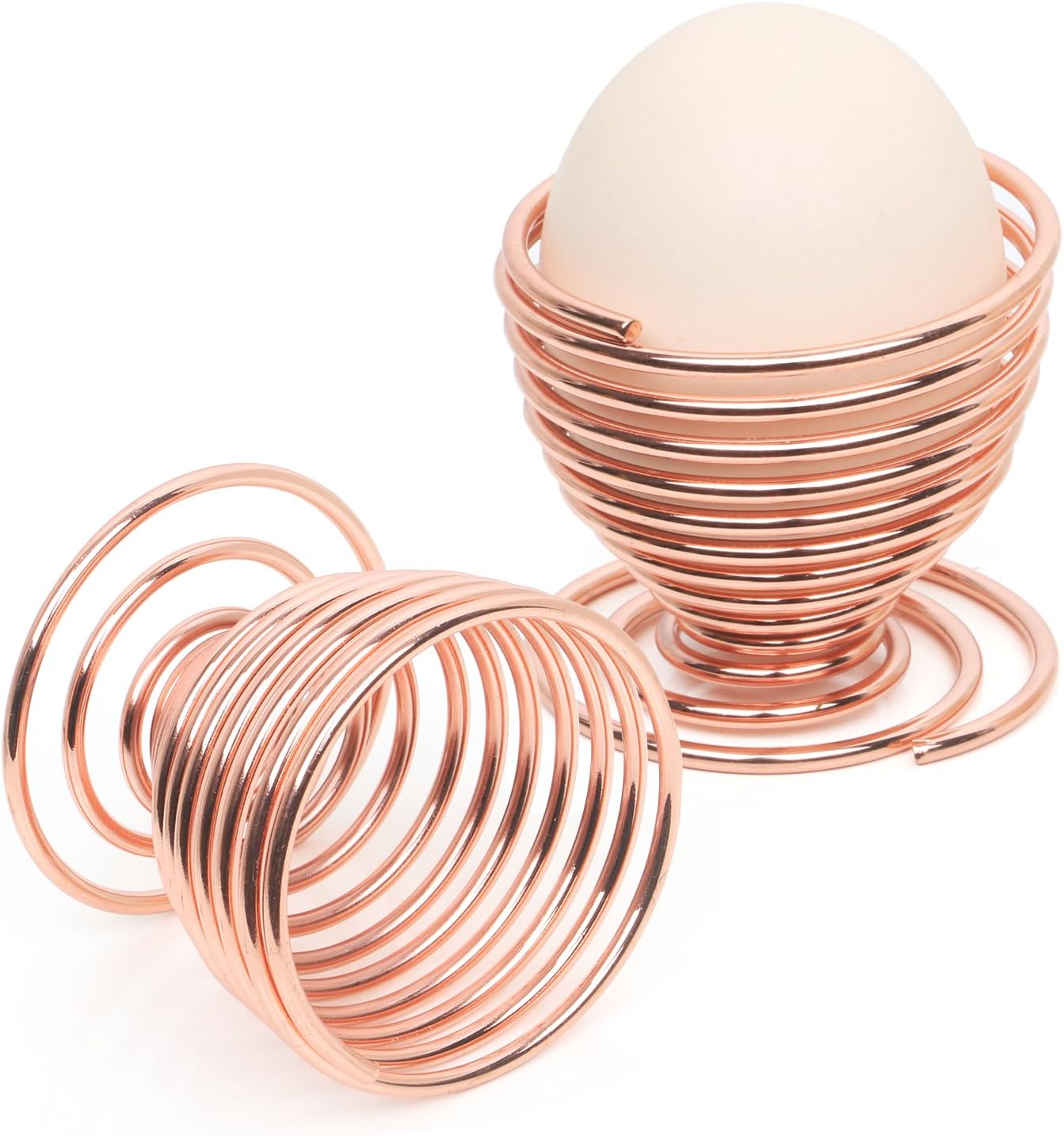 TRIXES 2 x Rose Gold Egg Cups - Spiral Spring Steel Metal Wire Boiled Egg Holder Set - Rose Gold Kitchen Accessories - Lightweight Modern Chrome Design