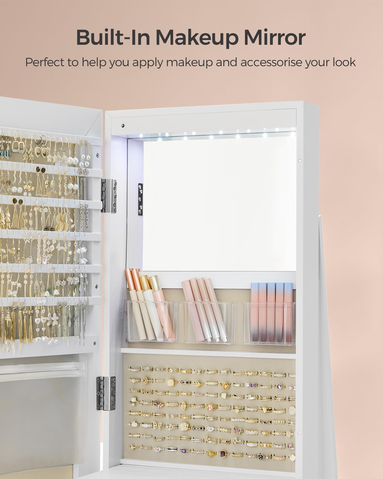SONGMICS 6 LEDs Mirror Jewellery Cabinet, 360° Swivel Jewellery Storage Organiser, Lockable, Free-Standing Frameless Full-Length Mirror with Storage, White Surface, Greige Lining JJC007W02 — view 3