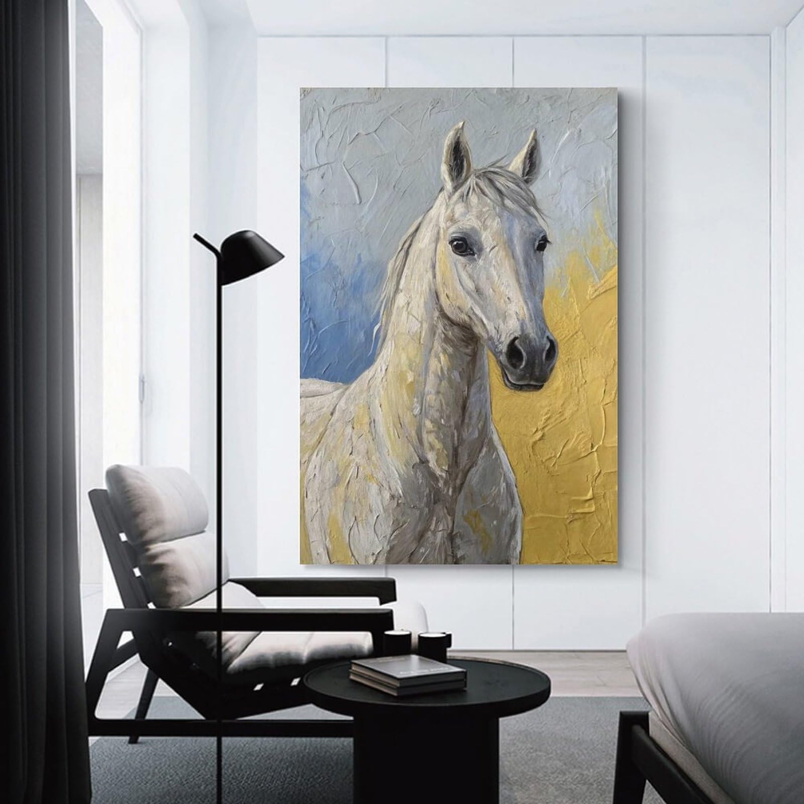 Junmoney Textured Painting of A White Horse Wall Art Print, 20x30inch(50x75cm), for Wall Displays, Bedrooms Or Room Updates, A Versatile Canvas Print for Layering