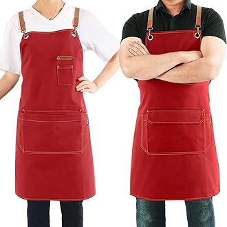 Canvas Apron with Pockets and Cross-back Straps for Chef Kitchen Cooking BBQ, Barista Bartender Barber Shop and Art Gardening Work Professional Aprons - Red