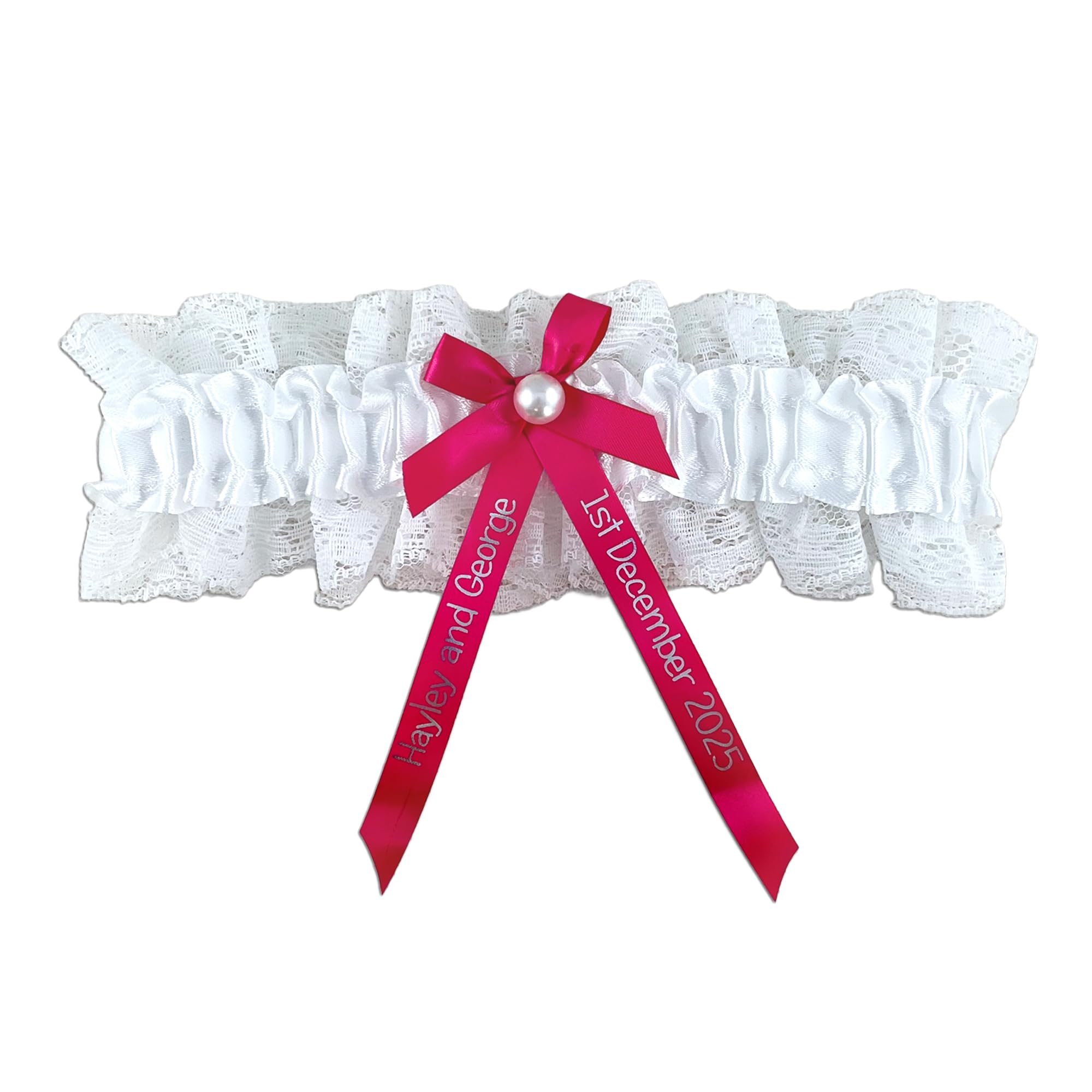 My Pretty Little Gifts Personalised Garter - Hot Pink Garter with Silver Text - Perfect Bridal Garter Bride to Be Wedding Hen Party
