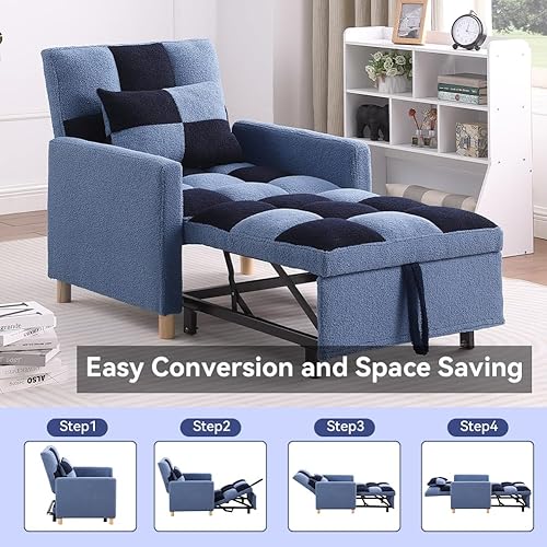 Miniatura 53 de Silla de cama, sofá cama convertible individual con almohada, cama extraíble con respaldo ajustable, silla de salón multifuncional con tela