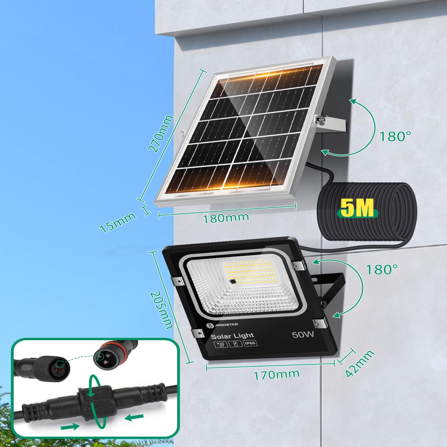 Aigostar - Faro led esterno con grande pannello solare, 2 Pezzi,cavo 5M,dimmerabile 3000/4000/6500K,4000mAH,Batteria di grande capacità,Faretto led da esterno solare con telecomando e timer,IP66