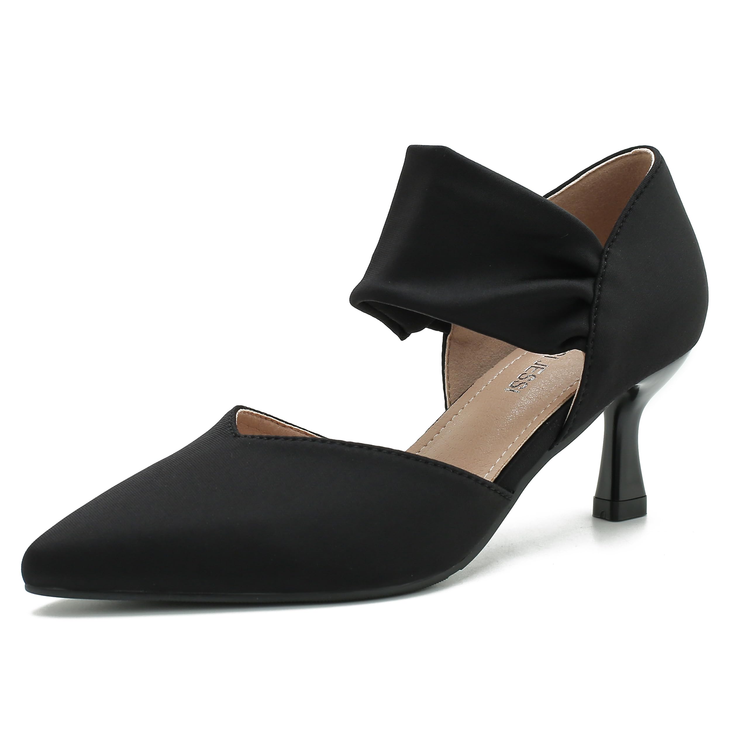 MAIERNISI JESSI Kitten Heels for Women Closed Pinted Toe Low Heels Slip on Ankle Strap Elegant Dress Pumps