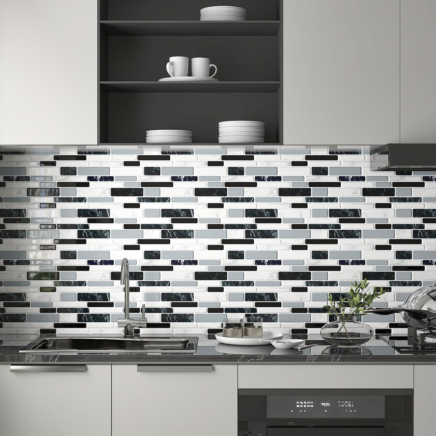 CHIHUT 16 Sheets Peel and Stick Kitchen Backsplash Tiles 12''x12'' Black White Marble Tiles Waterproof Stick on Back Splash for Bathroom Laundry Room Removable Grey Marble PVC Wall Tile for Fireplace