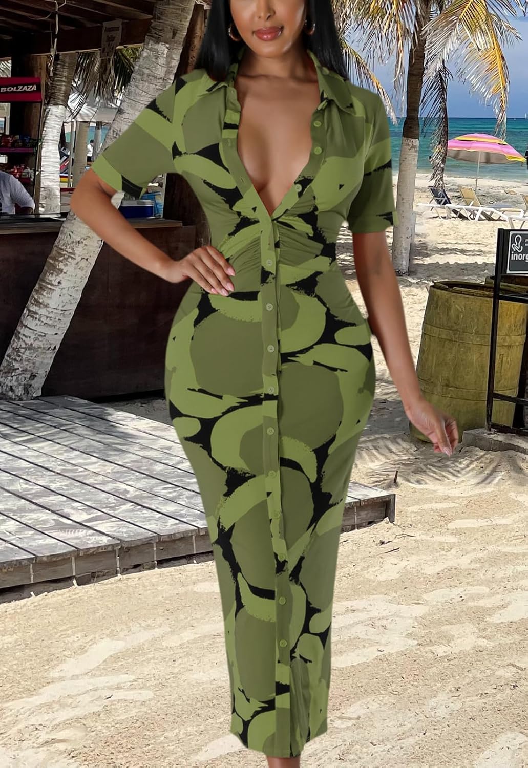 ZERMOM Women's Button Down Shirt Dress Short Sleeve Print Collar V Neck Summer Bodycon Midi Dresses - Image 5