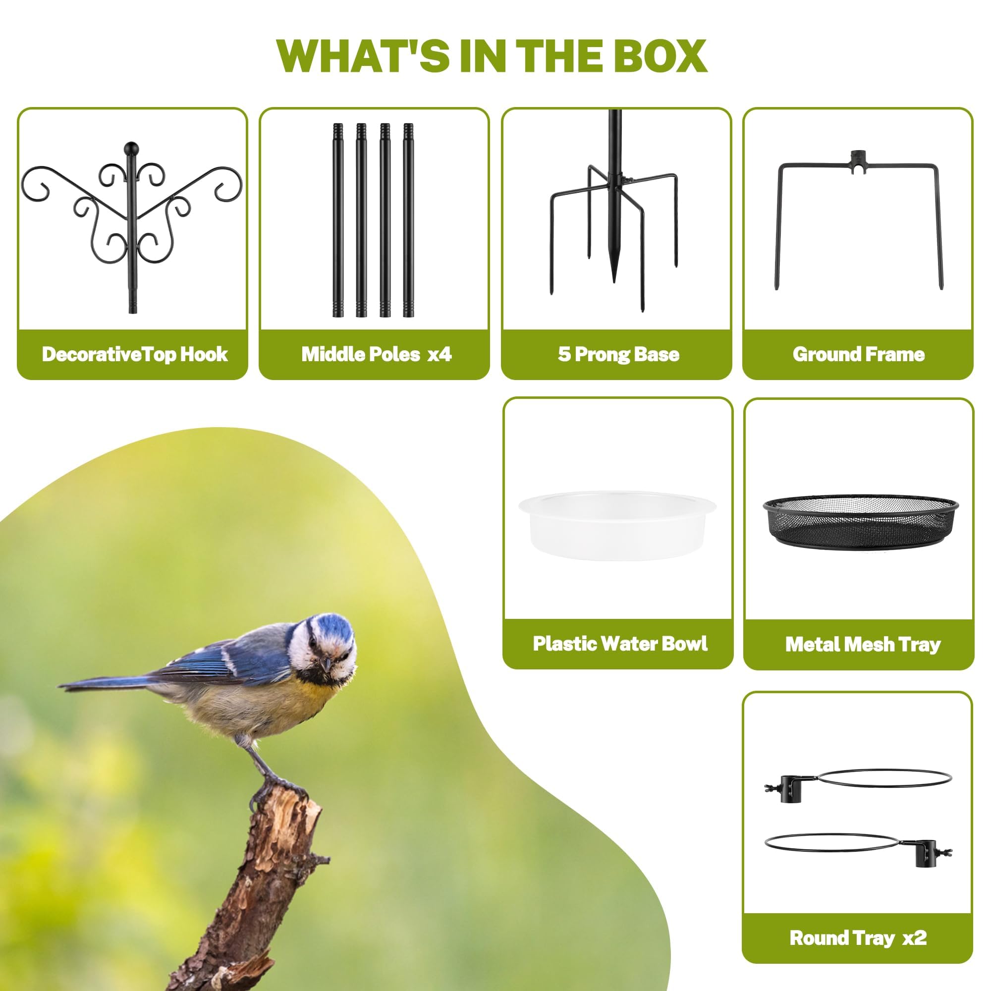 MIXXIDEA Estación de alimentación para pájaros, poste de comedero para pájaros con base de 5 puntas, ganchos para colgar, bandeja de malla para baño de agua, cuenco de agua resistente al viento con