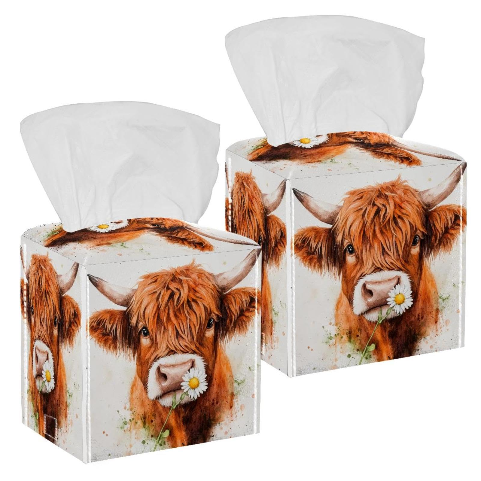 Watercolor Cow Tissue Box Cover, 2 Pack PU Leather Square Facial Tissue Dispenser Box holder for Home Office Car