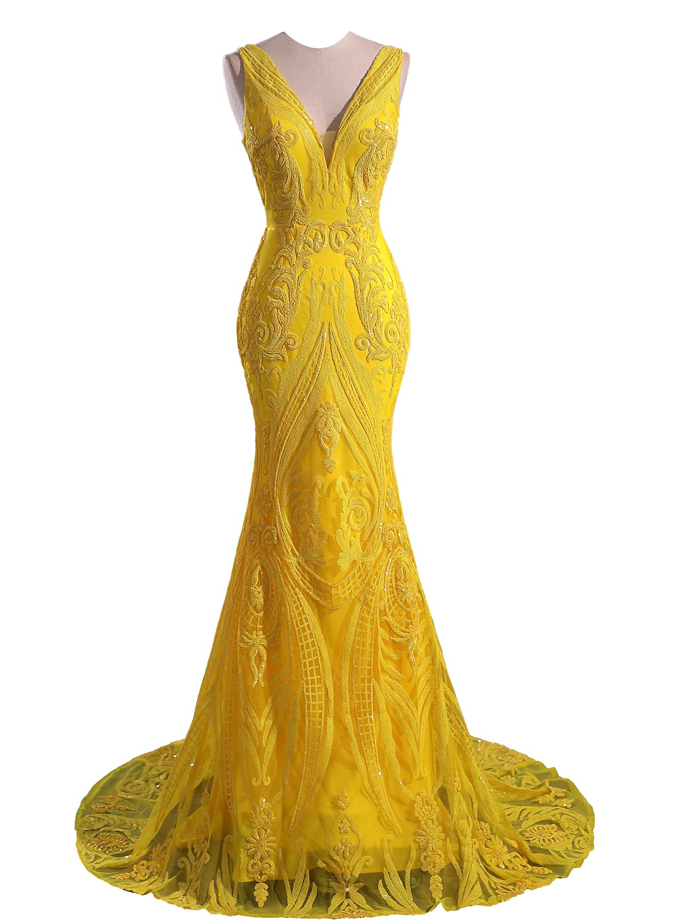 Ikerenwedding Women's V-Neck Sequins Sleeveless Lace-up Mermaid Evening Dress