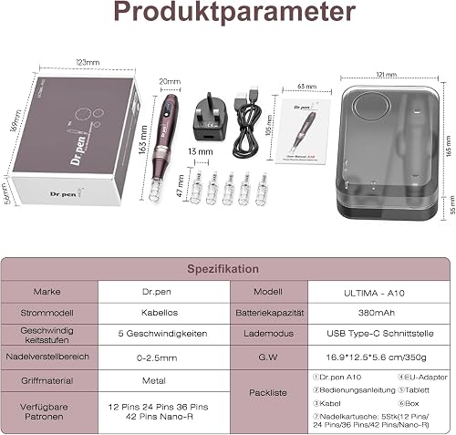 Dr. pen Ultima A10 Microneedling Pen Sans Fil avec 5 Cartouches - 8
