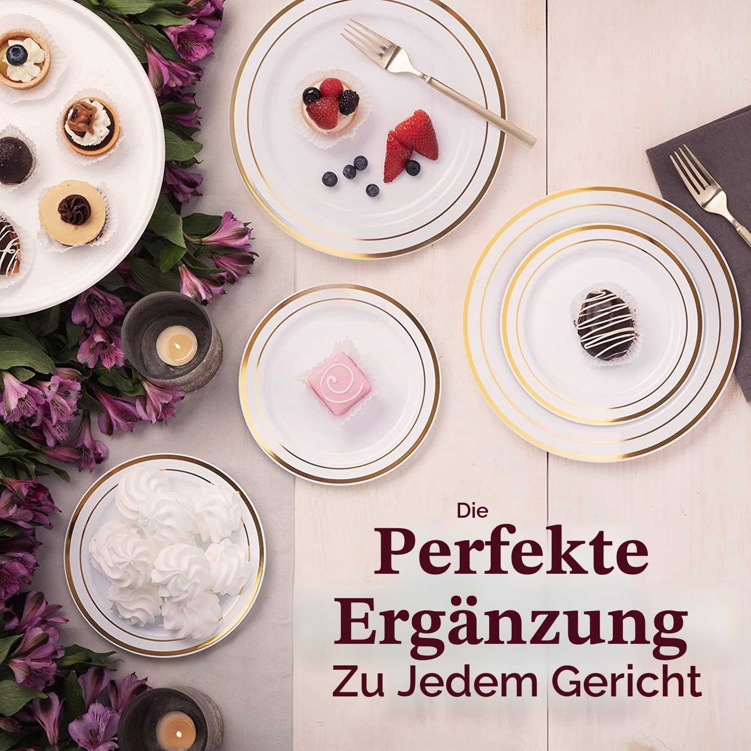 LATERN 60 Stück Mehrweg Goldenes Plastikgeschirr, 30 Stück 26cm Große Speiseteller + 30 Stück 19cm Salatteller, Wiederverwendbare Plastikteller für 30 Gäste Hochzeitstag Garden Dessert Party