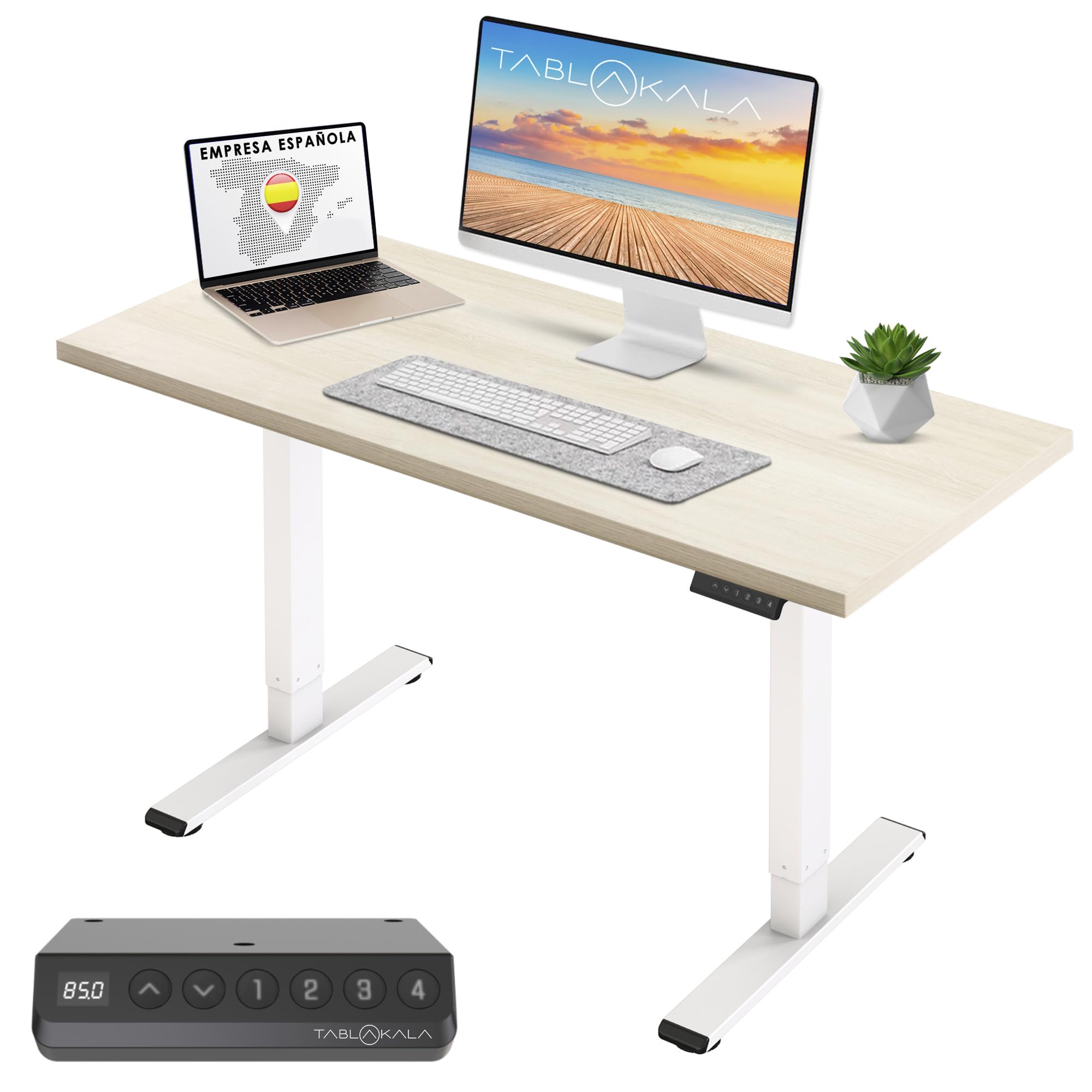 Tablakala Escritorio Elevable 1 Motor, Blanco, Tablero 160x80x3 cm Roble Claro, Ajustable en Altura 71 a 121cm, Mesa Escritorio Elevable, Standing Desk, Mesa Elevable Secretaria