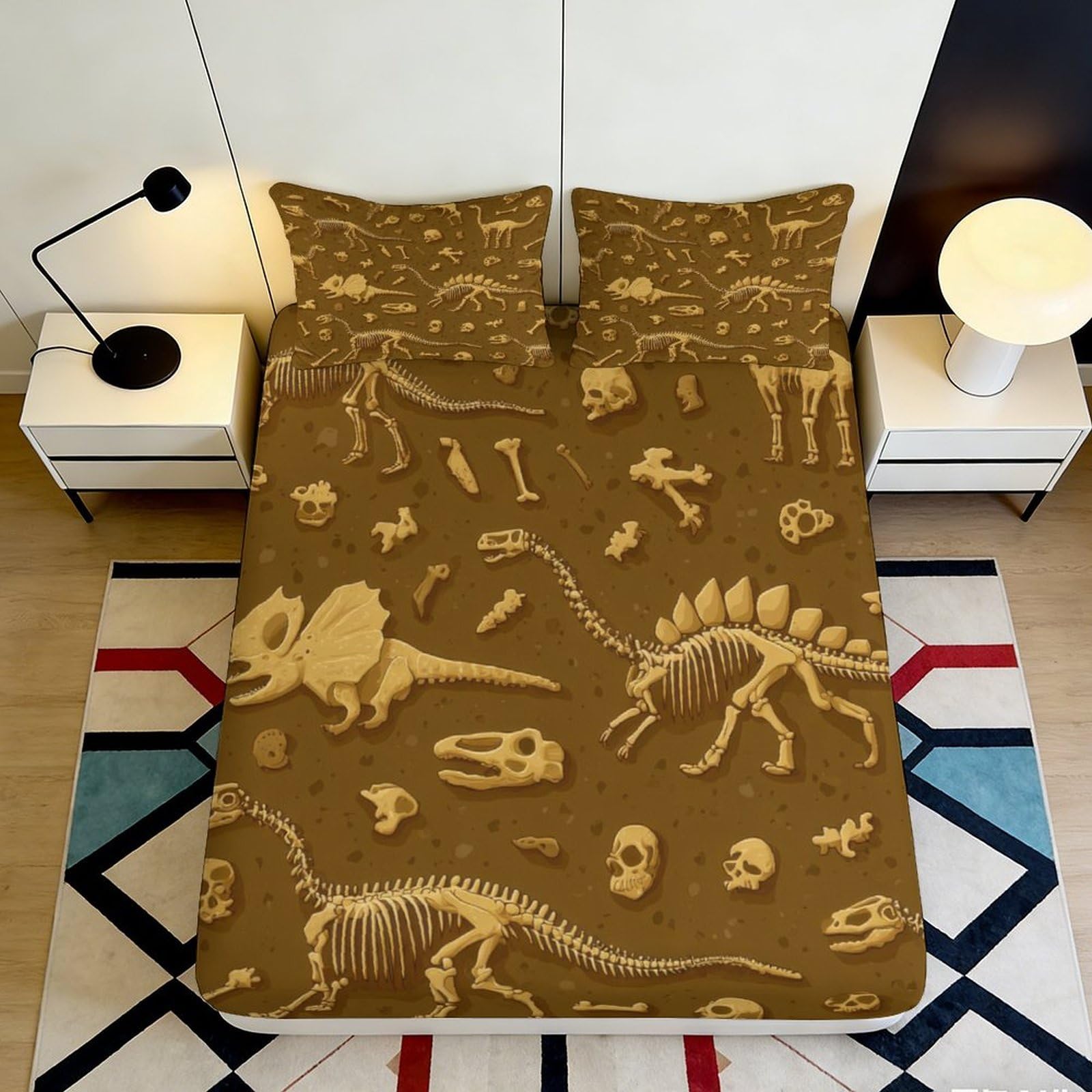 Pnayamiorkfel Style-4 3D Printed Dinosaur Skeleton Fitted Sheet Microfiber Soft Breathable Fossil Bed Cover For Bedroom Dorm Decor 90X200x25cm