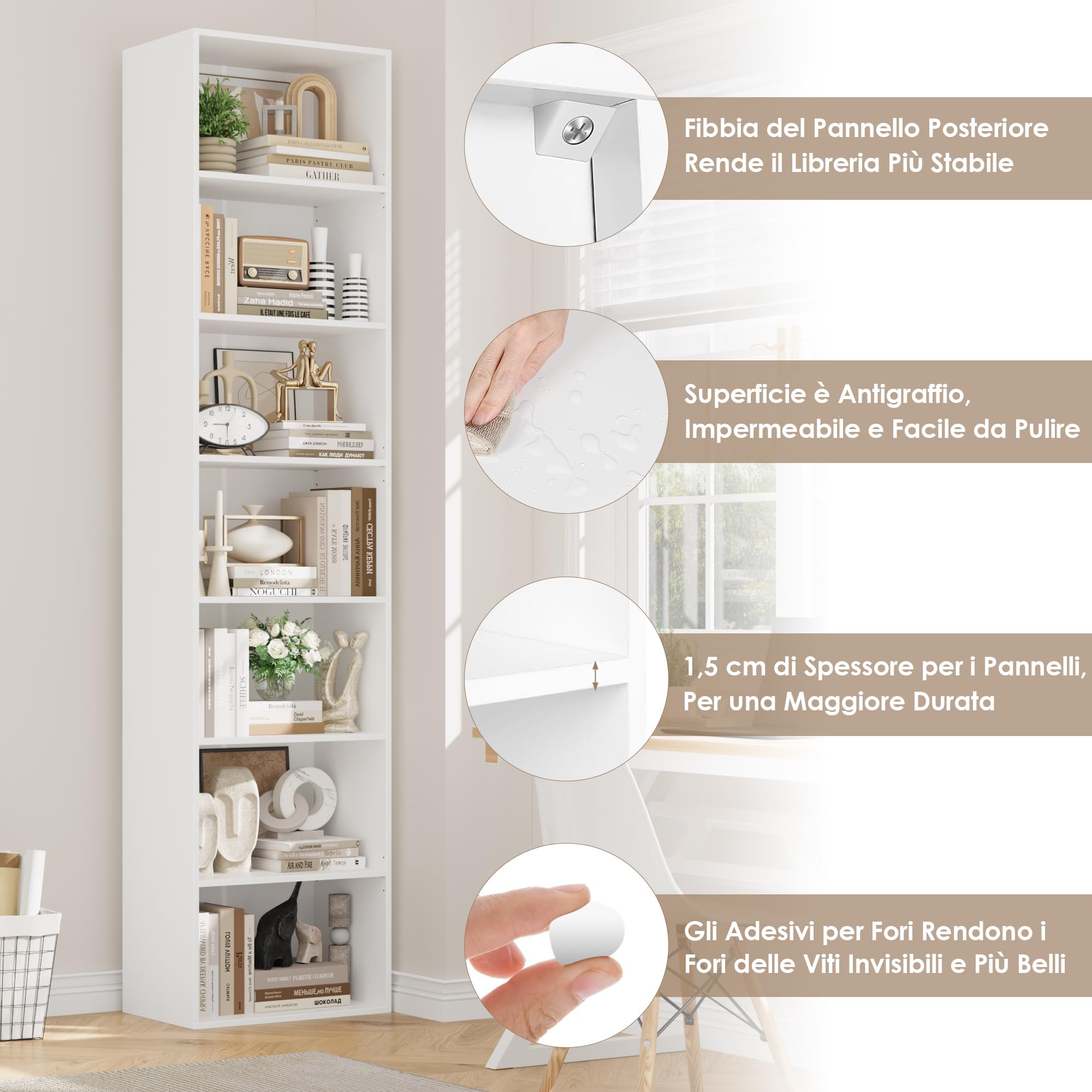 FirFurd 220 cm Libreria Profonda 30 cm, Libreria da Parete a 7 Ripiani, Librerie con Ripiani Regolabili, Scaffale Salvaspazio, per Studio, Soggiorno, Ufficio, Cucina, 48x30x220cm, Bianco