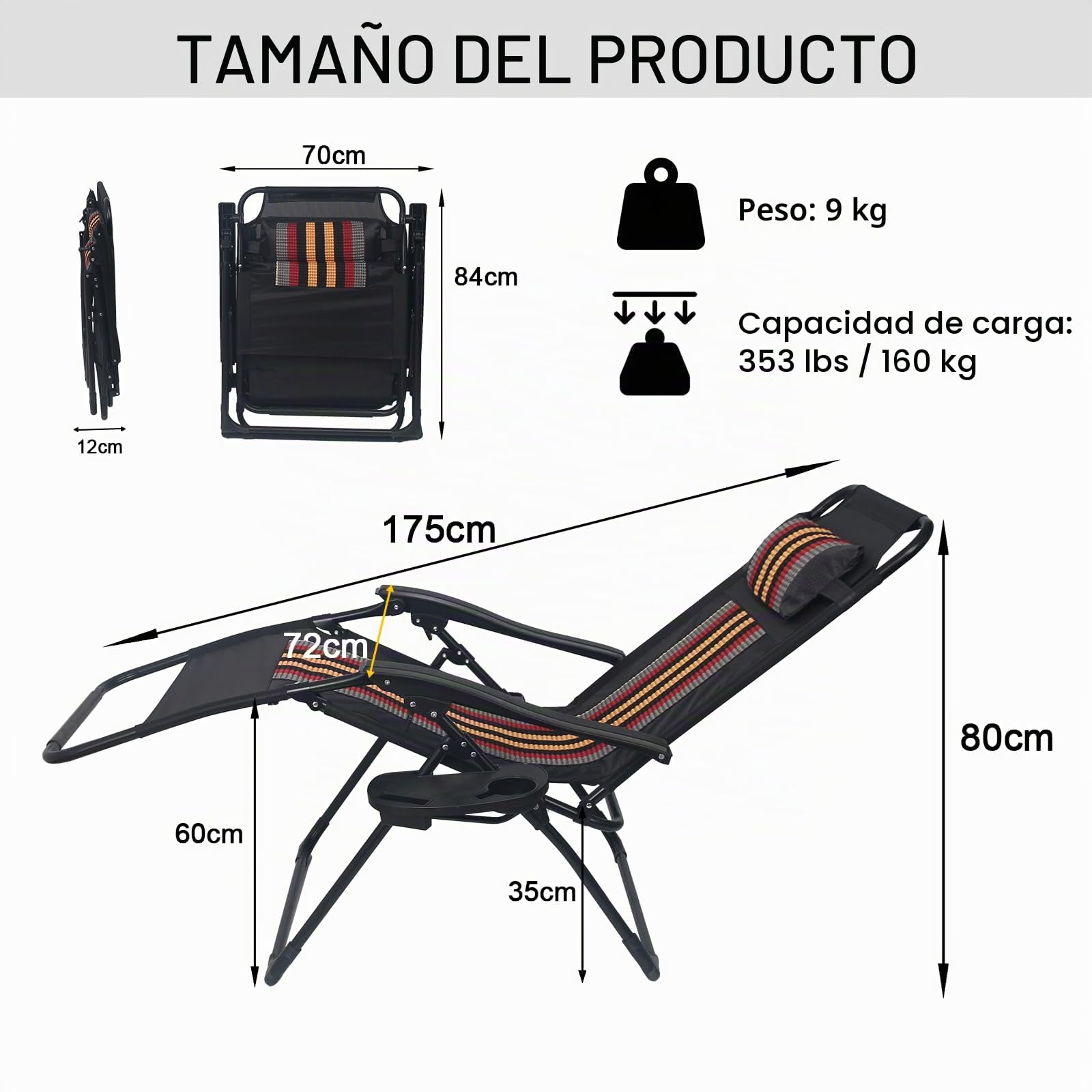 Gravedad Cero Tumbonas Jardin Exterior Plegable,Sillas Acolchadas Reclinables o Hamacas para Playa, Terraza y Camping,Plegable, Ahorra Espacio. (1, Rayas Negras)