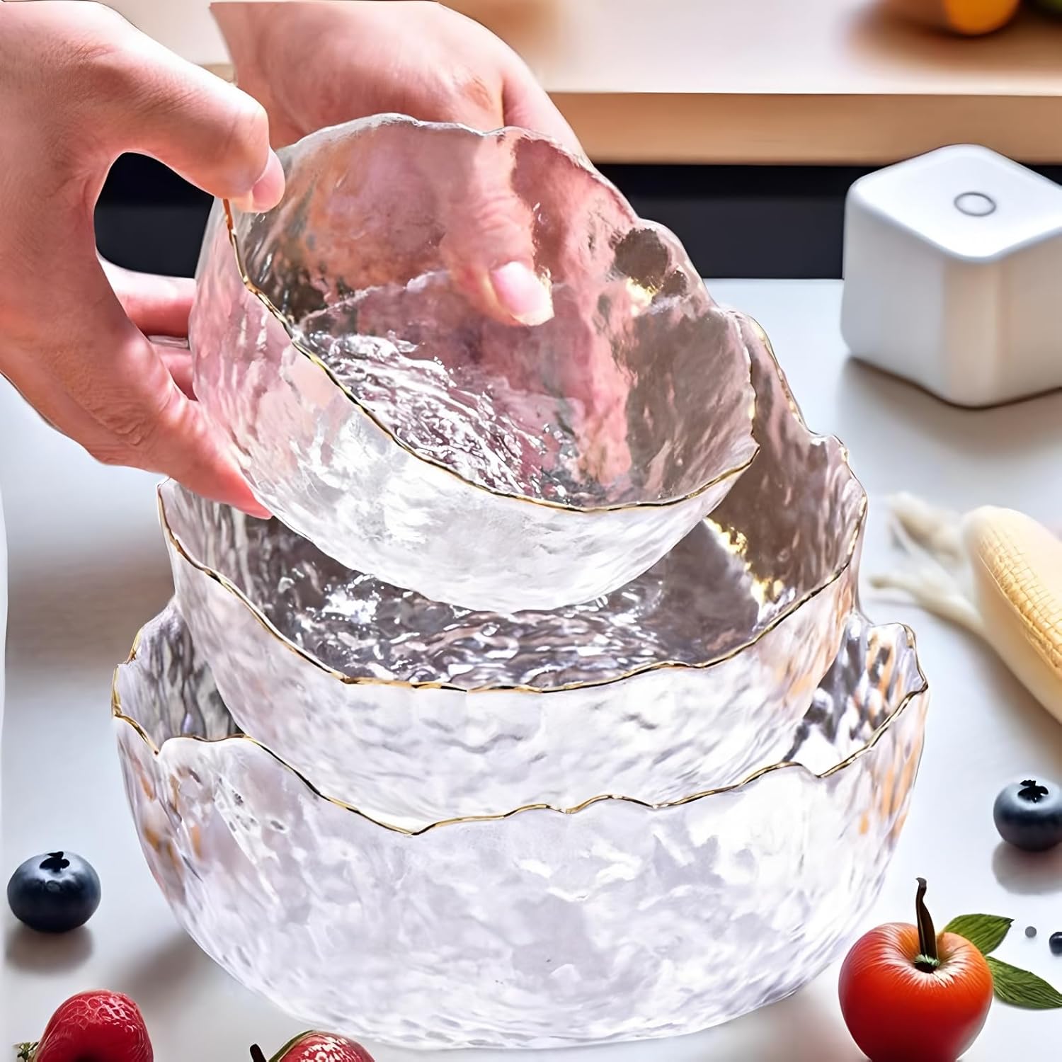 Glass Salad Bowl, 3 Pieces Kitchen Mixing Bowl, Glass Bowls Suitable for Fruits, Vegetables, Pasta, Grains, Desserts
