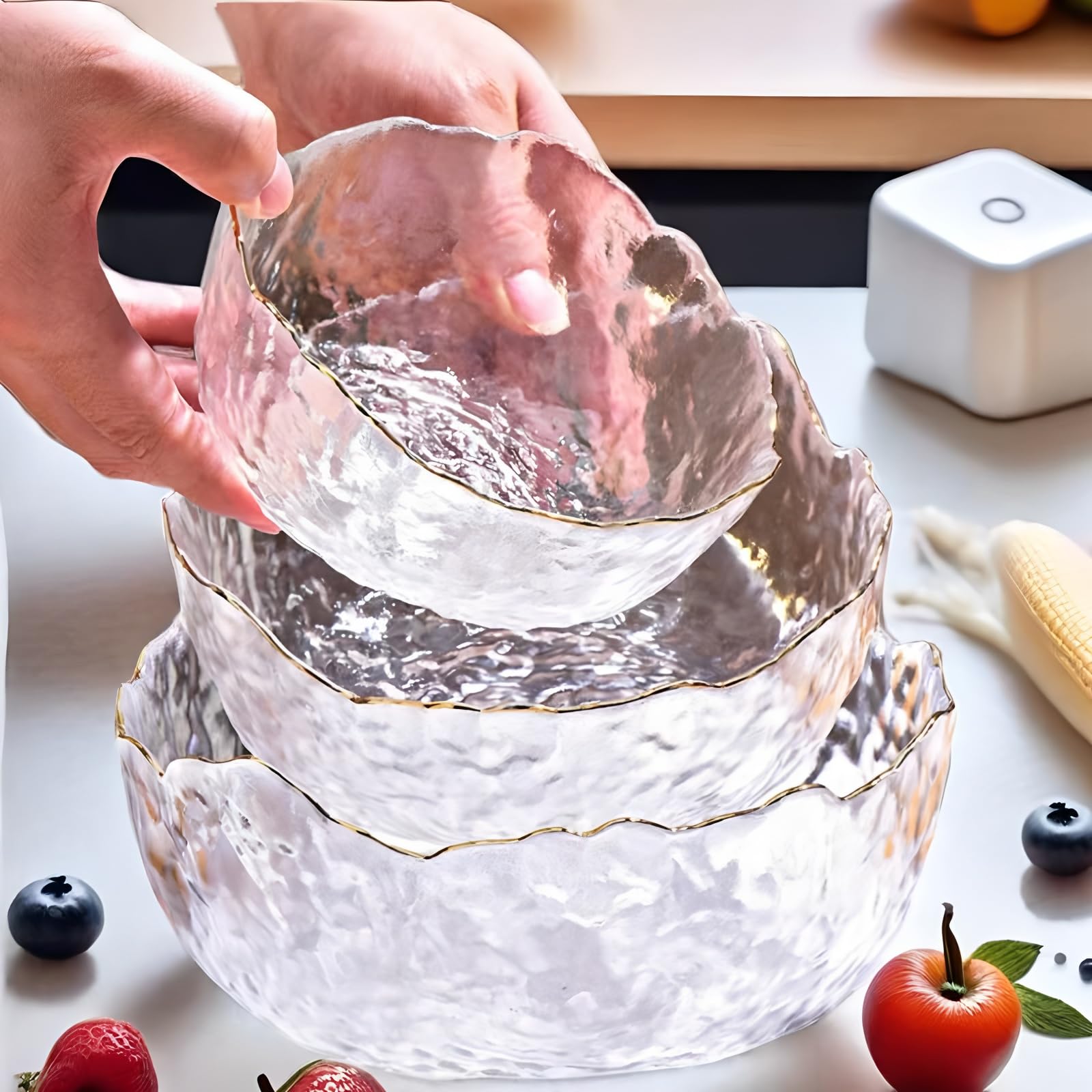 Glasschalen, 3 Stück Küche Mischschale, Glasschalen geeignet für Obst, Gemüse, Pasta, Getreide, Desserts