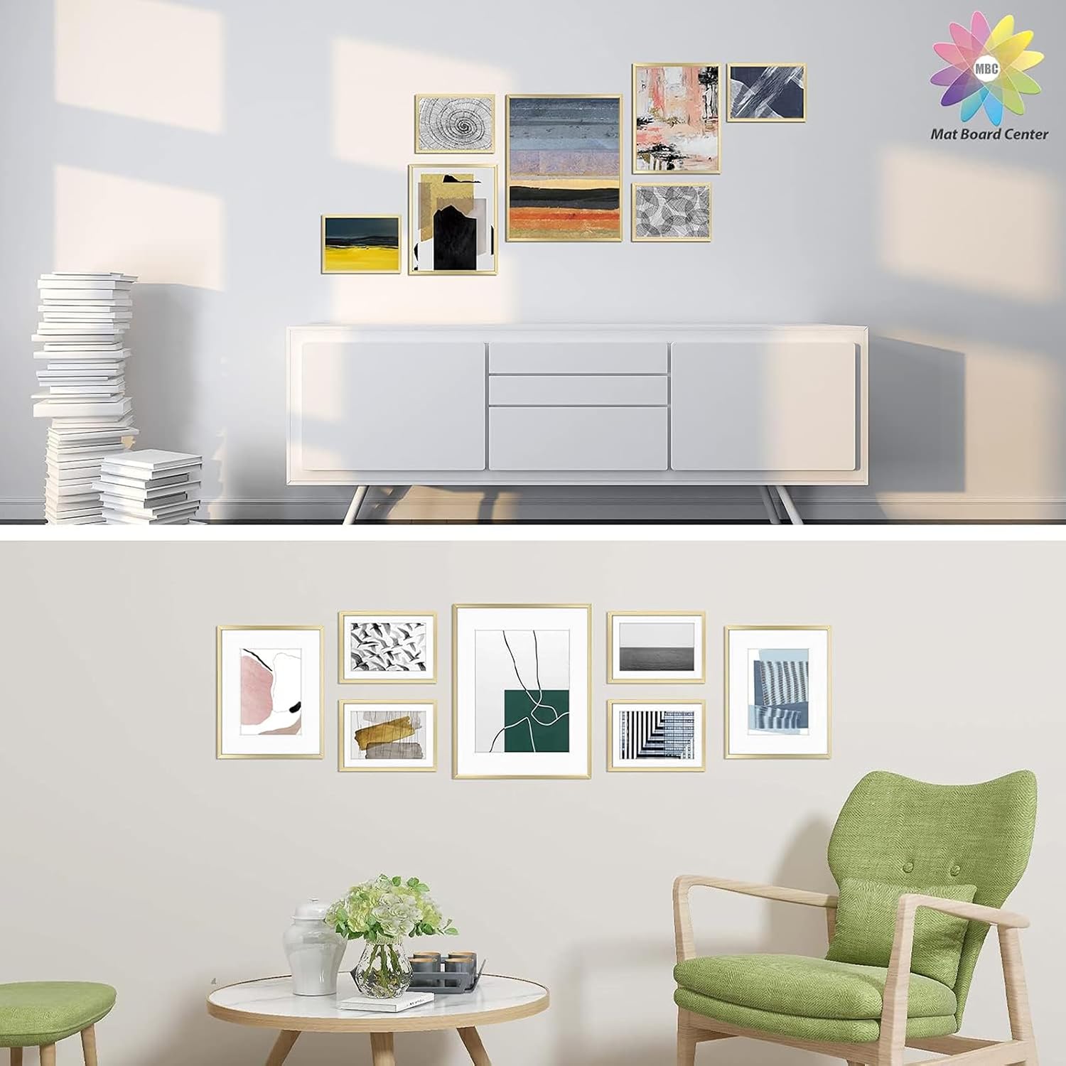 Mat Board Center, 7 Piece Aluminum Picture Frames with Mats - Gold Frame with Real Glass Front - Gallery Wall Frame Kit with Multi Sizes (11x14-1 pc, 8x10-2 pcs, 5x7-4 pcs)