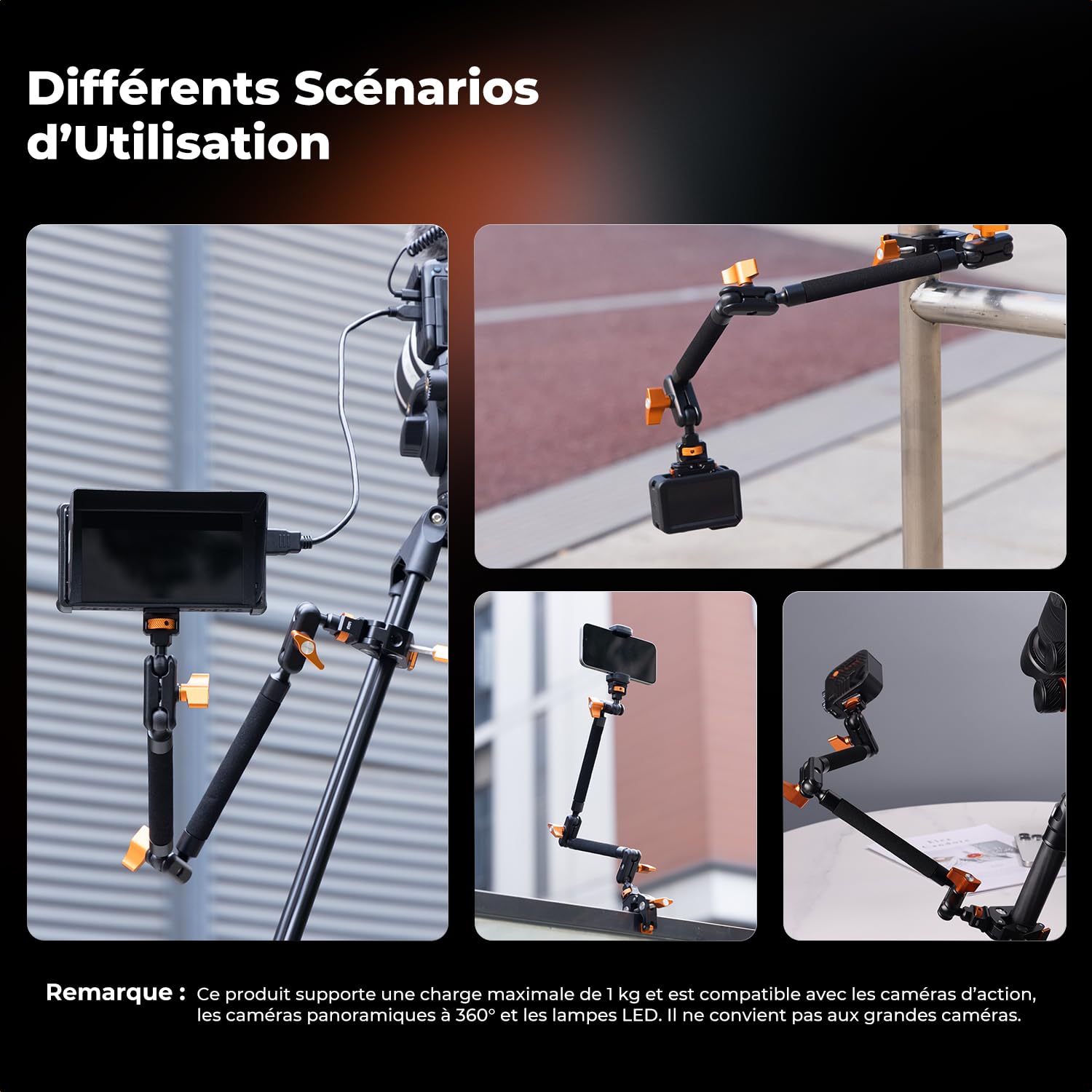K&F CONCEPT Kit Bras Magique 22" avec Pince, Support Caméra de Bureau Articulé pour Téléphone, Caméra d'action, Lumière LED, Microphone