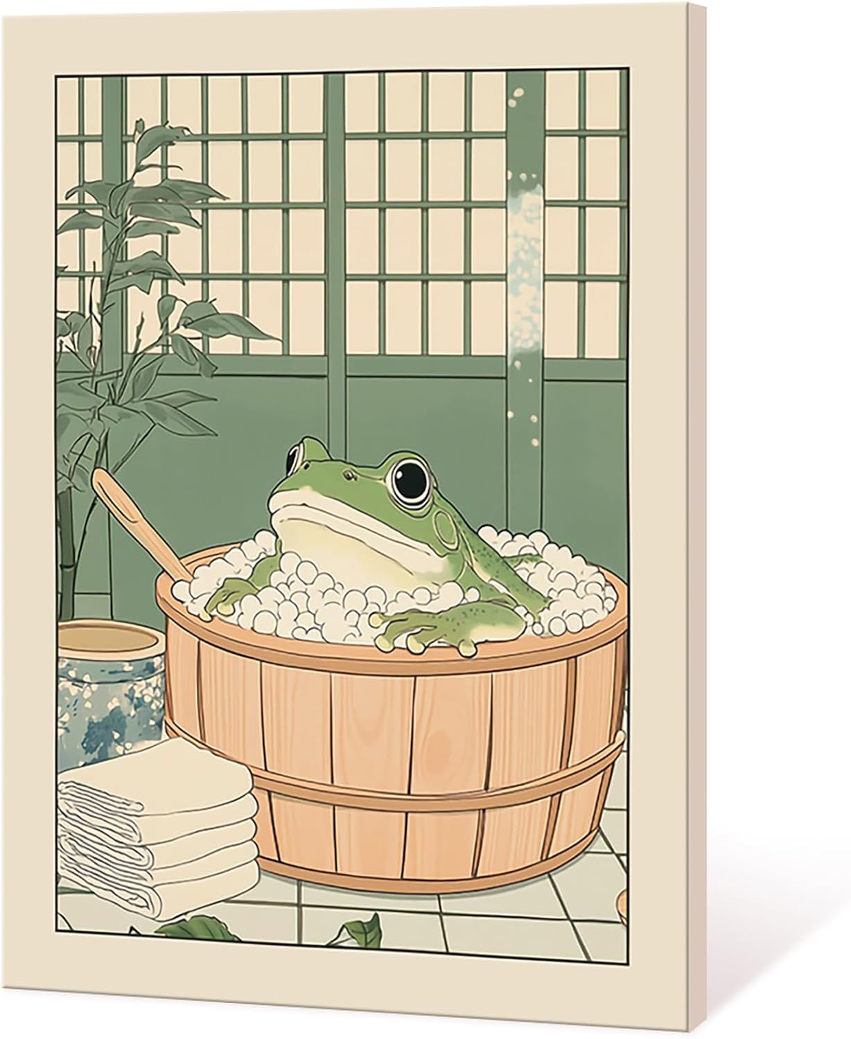 Cute Relaxing Poster Sage Green Frog in Bathtub Wall Art Vintage Japanese Frog Bathroom Decor Funny Animal Canvas Kawaii Prints Pictures for Dorm Living Room Bedroom Toilet Aesthetic 16x24in Framed