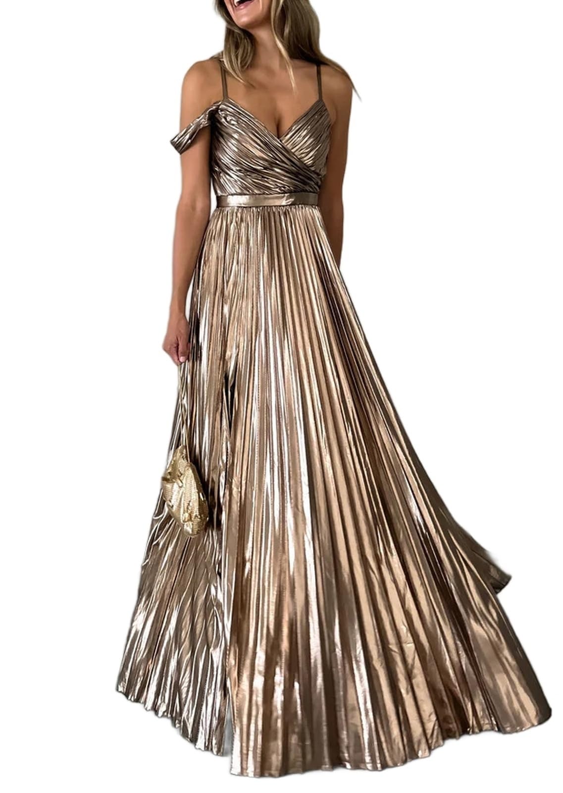Vestido Largo Plisado Dorado con Escote en V Profundo sin Mangas metálico