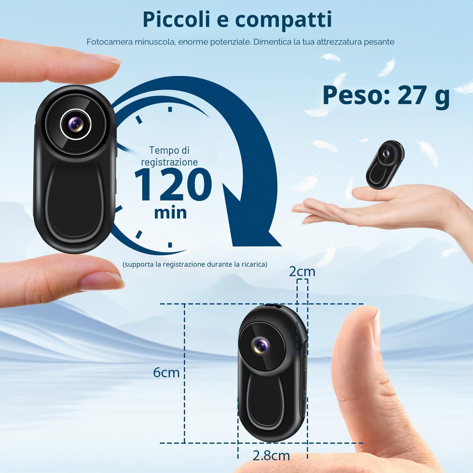 Action Camera,1080P HD ＆ Display da 0,86 Pollici Bodycam,Clip posteriore girevole a 360° Telecamera Sportiva Magnetica,Kit Accessori per Casco/Bici/Moto Telecamera d'azione