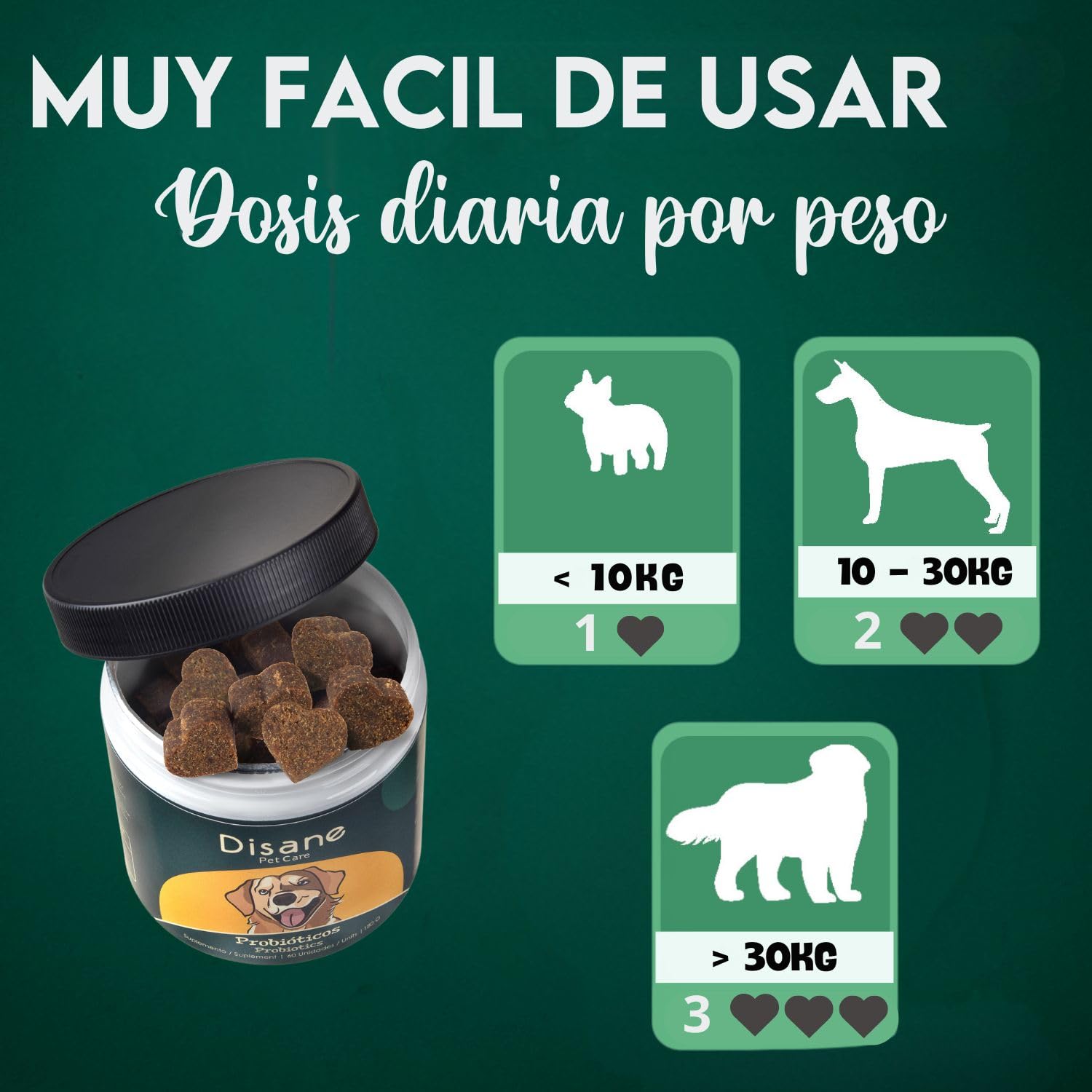 Disane Probióticos para Perros Natural | Complemento Alimenticio para la Mejora de la Flora Intestinal, Bienestar Digestivo, Diarrea, Alergias Antipicores | Sabor Carne | 60 Unidades