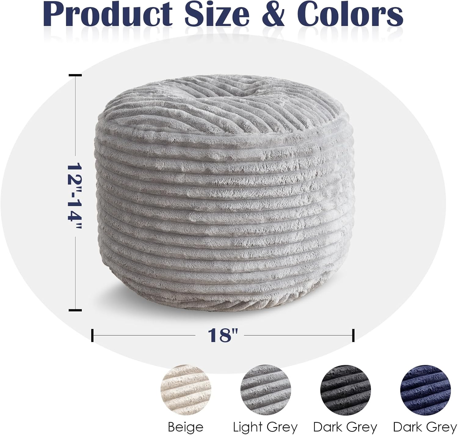 SHOUREN Stuffed Round Pouf Ottoman,Corduroy Foot Rest with Shredded Foam Filling, Lightweight and Fluffy Pouf Storage Ottoman for Living Room,Floor Poufs for Couch,18"x 14", Light Grey