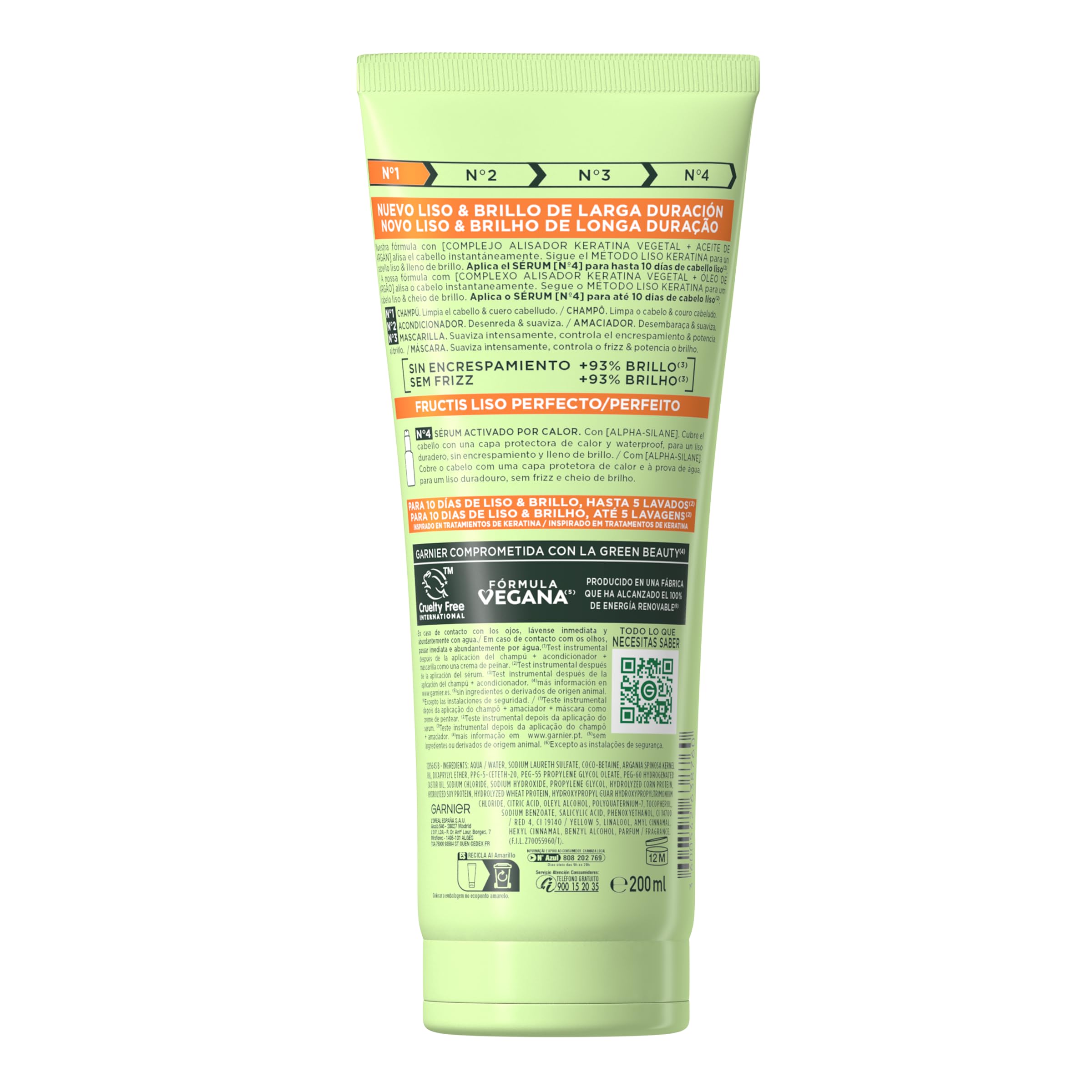 Garnier Fructis Rutina Liso Keratina para cabello encrespado: Champú + Acondicionador + Mascarilla + Sérum activado por calor Liso & Listo