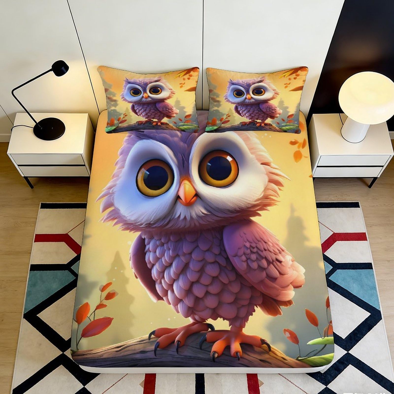 Jqzkxnhpbr Style-3 3D Printed Cute Purple Owl Fitted Sheet Microfiber Soft Bedroom Decor Autumn Forest Bed Cover For Home Dorm 90X200x25cm