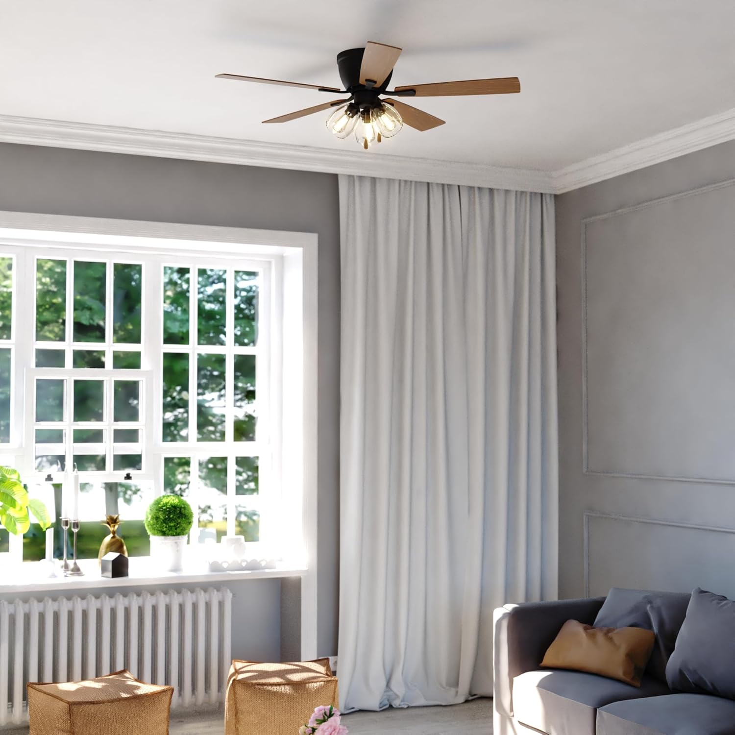 VAXCEL Brayton 52 in. Black Indoor Low Profile Flush Mount Transitional Ceiling Fan with Reversible Black-Dark Oak Blades, LED 3-Light Kit and Pull Chain Included, 3 Speeds, Clear Seeded Glass Shade