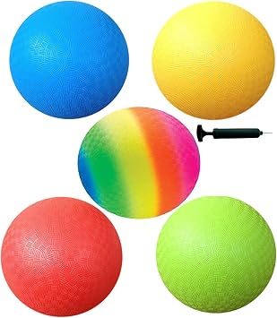 Toys+ 8.5 Inch Playground Balls Set, Official Size for Dodge Ball, Kick Ball, Four Square, Free Pump (5Pack, Red,Blue,Green,Yellow,Rainbow)