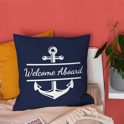Miniatura 3 de Burosev Welcome Aboard - Funda de almohada suave, funda de almohada decorativa con ancla de barco azul marino, decoración de granja náutica para