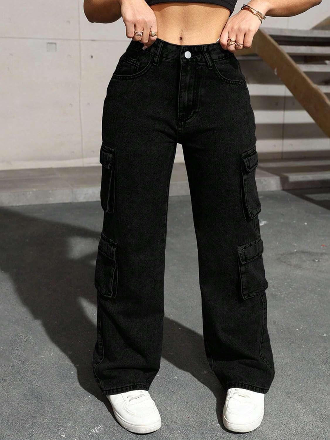 Plus Szie Women's Cargo Pants, Denim, Wide Leg, Straight Fit, Multi-Pocket Design, Casual Streetwear Style