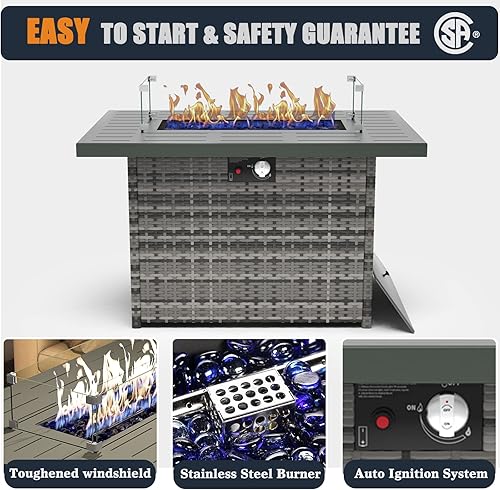Miniatura 23 de Mesa de fogata de gas propano de 44 pulgadas para patio exterior, 60000 BTU rectangular de mimbre al aire libre con protector de viento de vidrio