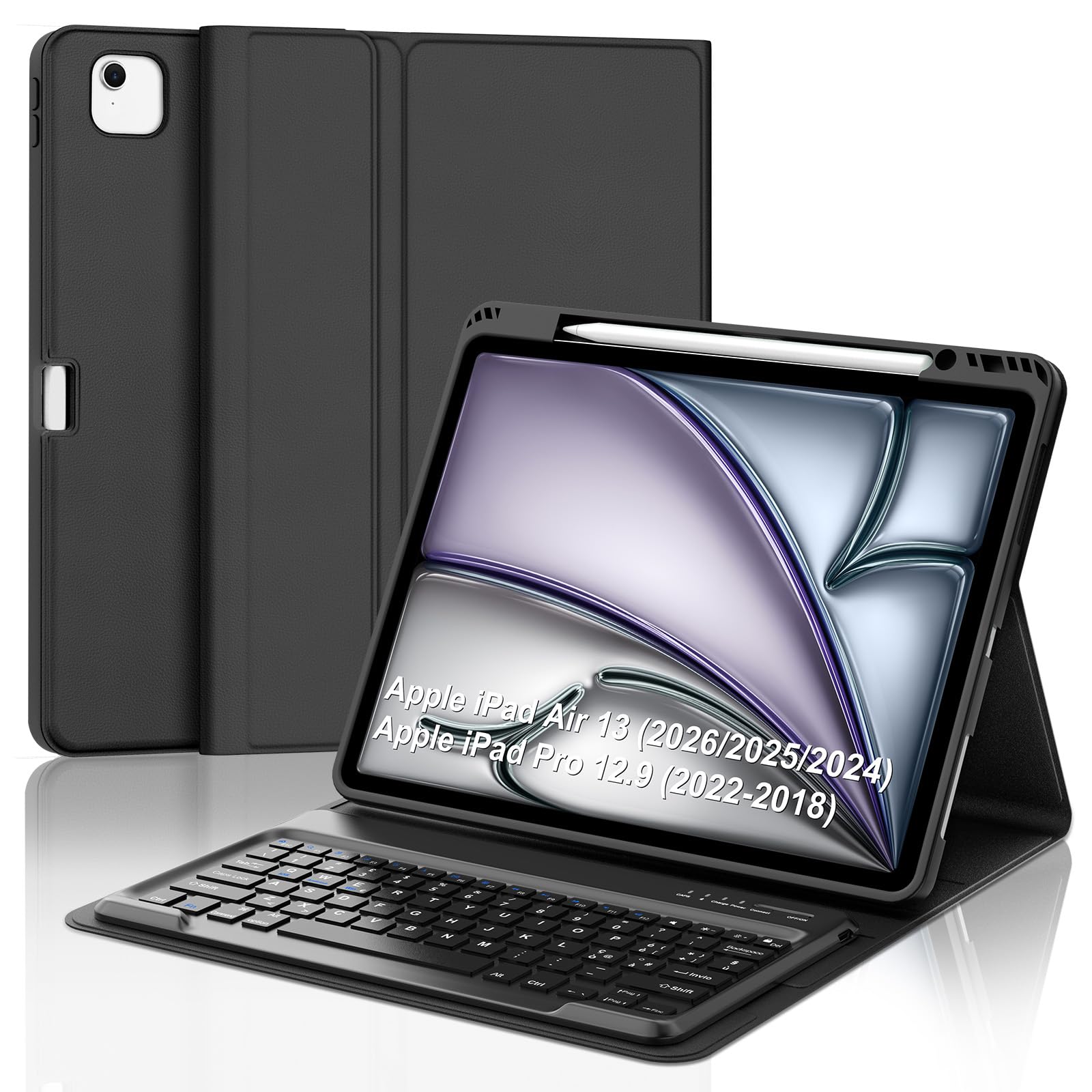 Per iPad Air 13 M4 2026/M3 2025/M2 2024 e iPad Pro 12.9 2028-2022 Tastiera | Tastiera Bluetooth Rimovibile e Custodia Morbida TPU per Ufficio/Studio/Scrittura, Keyboard Wireless Portatile, Nero
