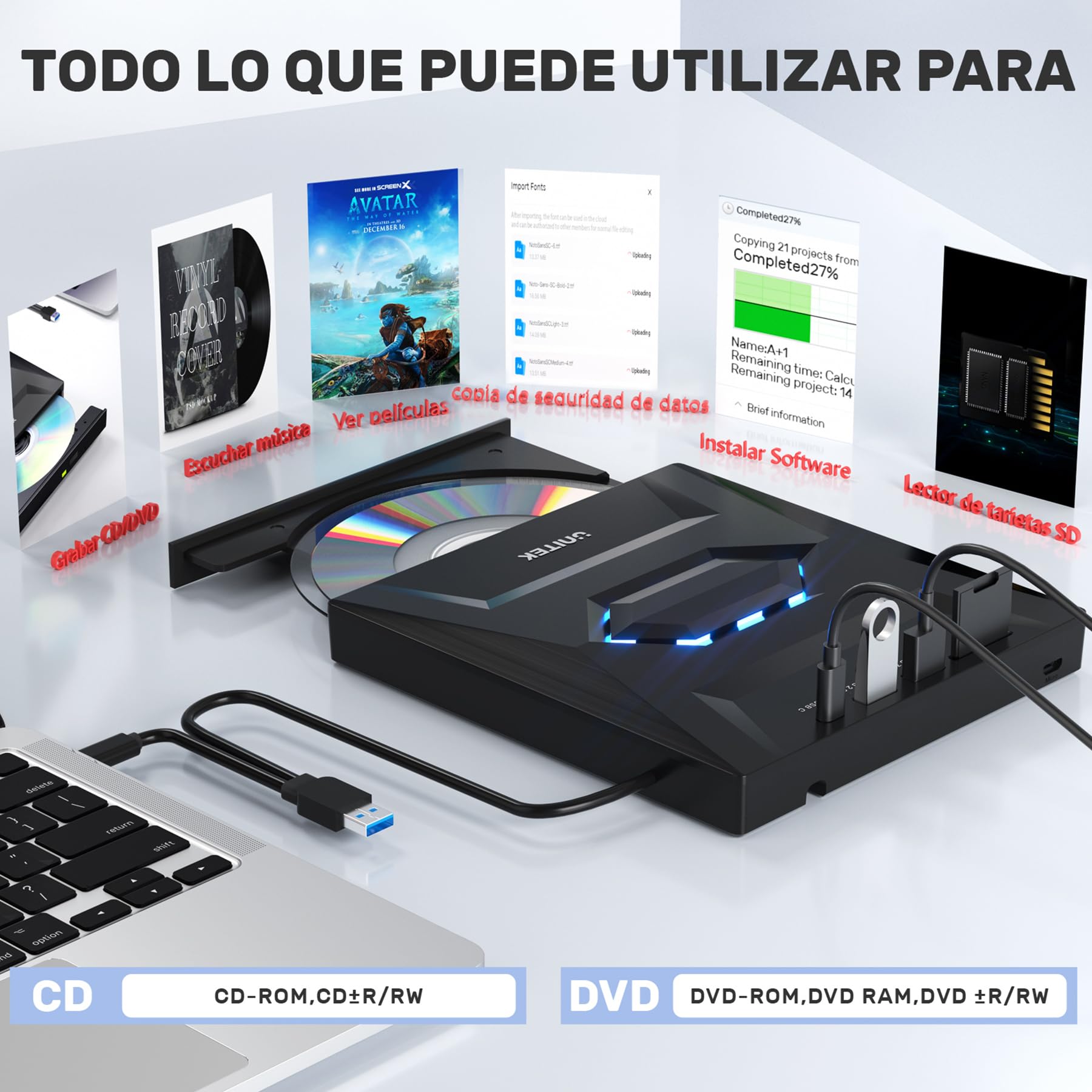 Unitek Unidad externa de CD y DVD,USB C portátil CD/DVD +/-RW,reproductor de DVD con lector de tarjetas SD,USB 3.0, USB C,grabadora de CD ROM compatible con laptop,PC,Windows,Linux,OS, Surface (Negro)