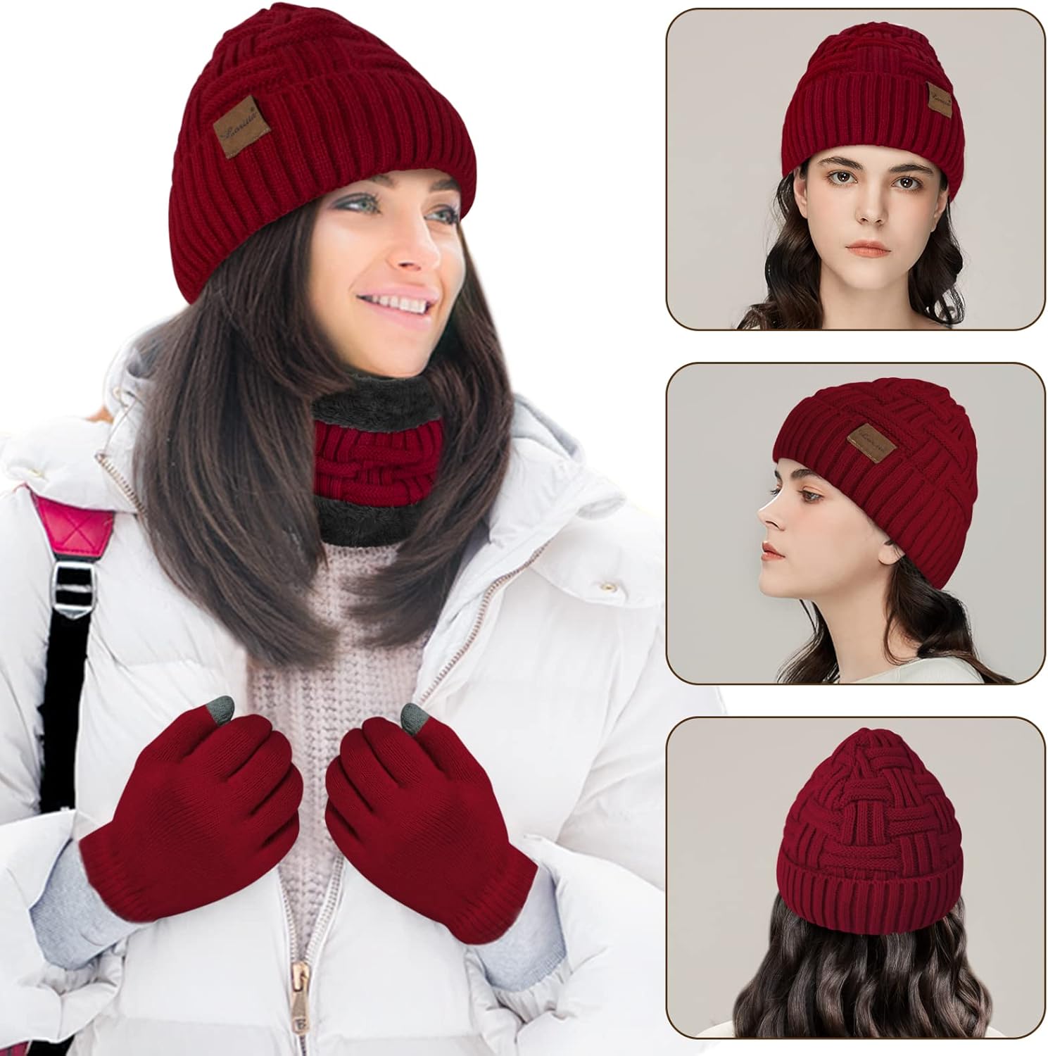 Loritta 3-Pieces Winter Hat Neck Warmer Touchscreen Gloves Set Knit Thick Scarf Beanie Hats Scarves Set Gifts for Women - Image 4