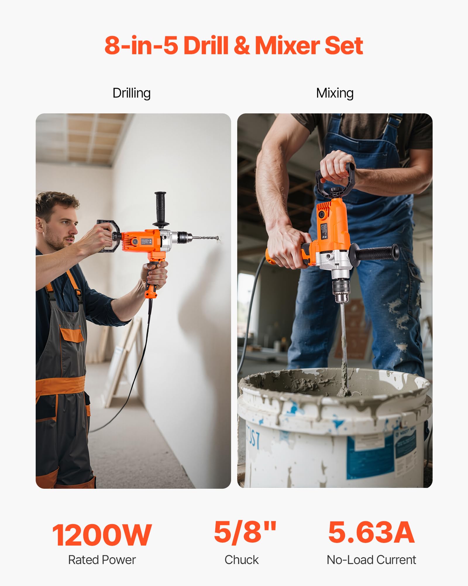 VEVOR elektrische Bohrmaschine 15,89 mm 1200 W mit Mixer Bohrmaschinenmischer Set 750 U/min 3,2 A Mischbohrmaschine mit D-Griff zum Bohren & Mischen Handbetonmischer für Futter Zement