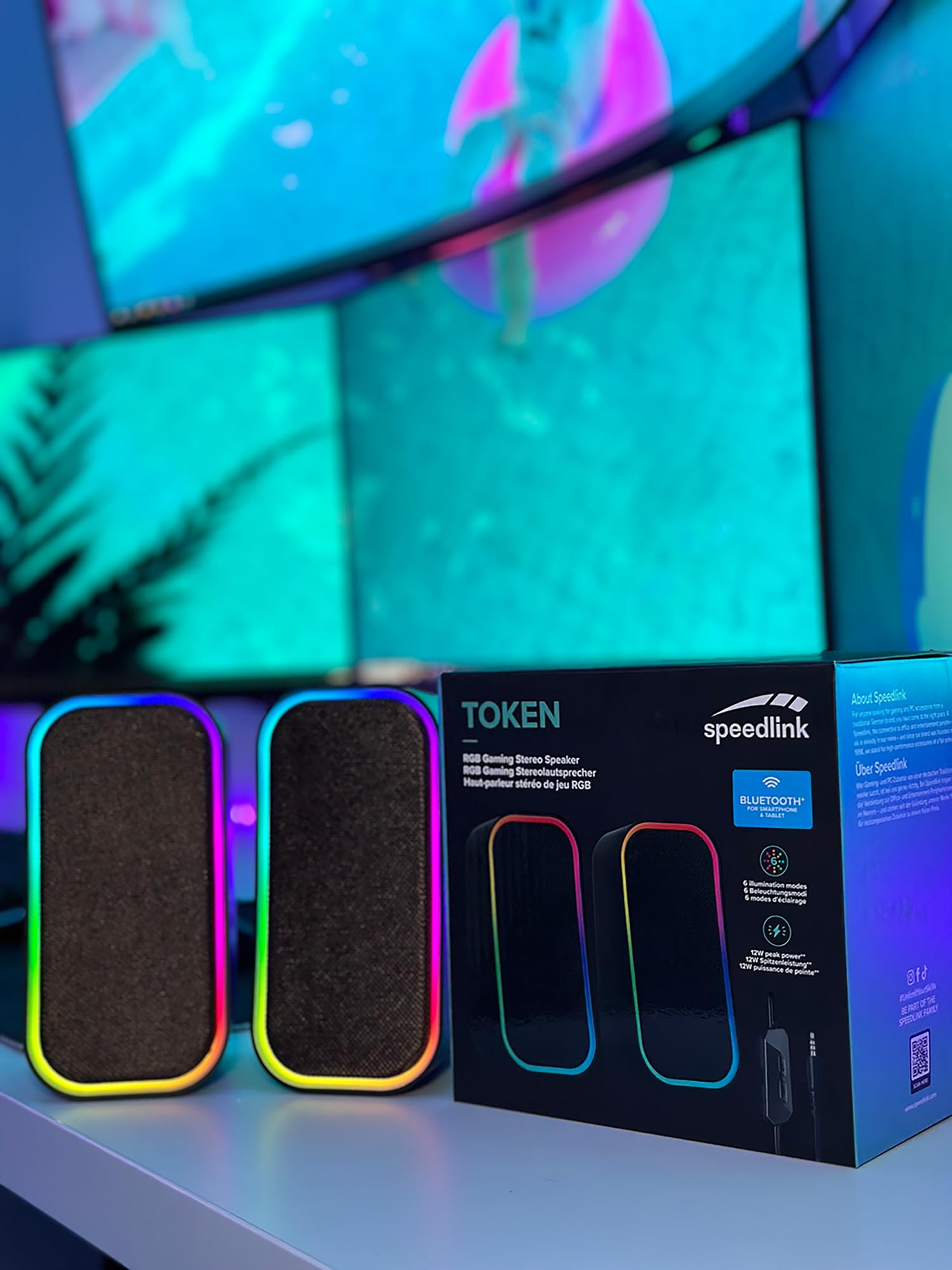 Speedlink Token Gaming PC Głośnik Bluetooth - Głośnik do gier RGB z kablem Gniazdo AUX 3,5 mm lub złącze Bluetooth do laptopa, tabletu, smartfona, 6 trybów oświetlenia, 12 W, czarny