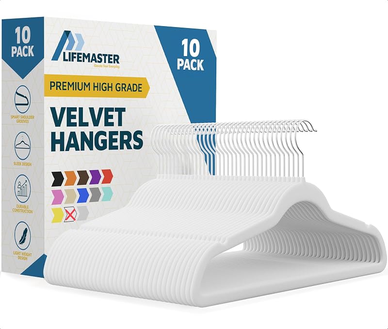 Lifemaster Velvet Clothes Hanger – with 360 Degree Swivel Hook and Non-Slip Shoulder Notch, Holds Up to 10 lbs, Heavy Duty Hanger Set, for Organizing Suit, Dress, Coat, and Clothes, Pack of 10, White