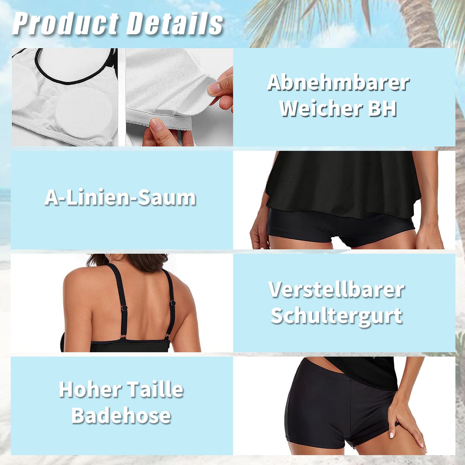 wihnsinop Tankini Damen Bauchweg Bademode Set Freizeit Badeanzug Tankinis Zweiteiler Sets Sommer Elegant Badeanzüge für Damen Oberteil mit Badeshorts