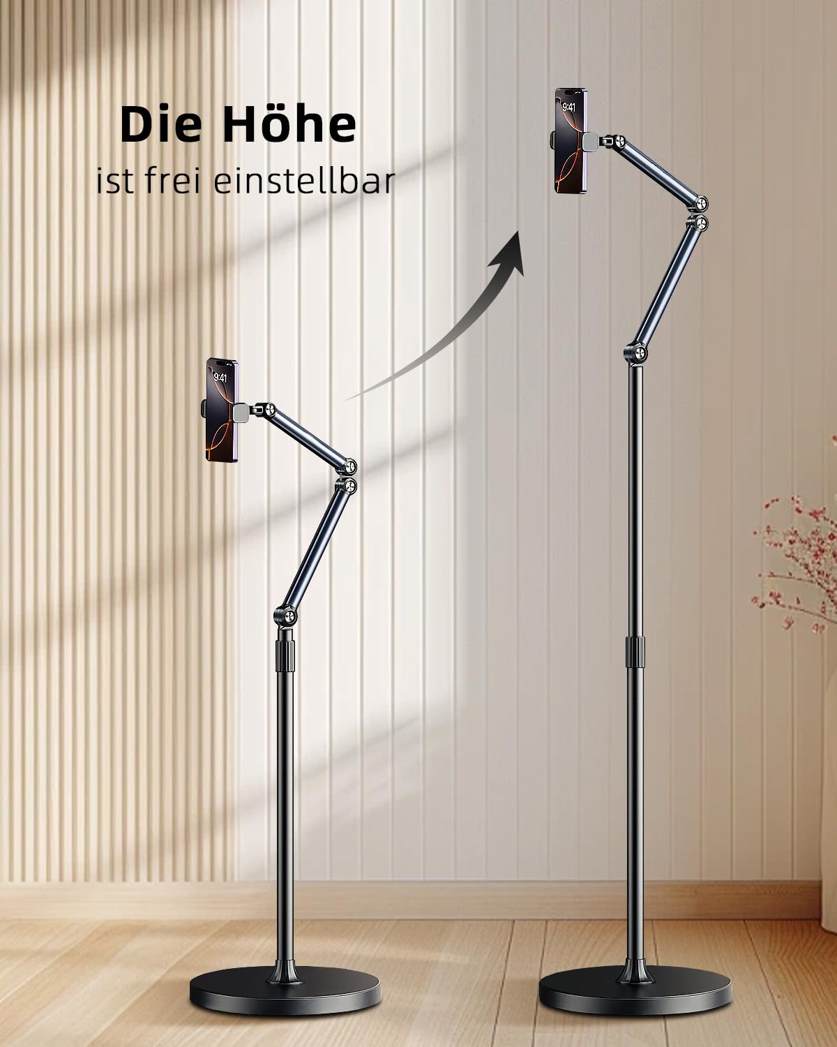 Tablet Bodenständer, Tablet Halterung Arm mit Einstellbarer Höhe, Stabiler ipad Ständer für Smartphones, iPhones, iPad Pro/Air/Mini,Tab mit 4.7-12.9 Zoll