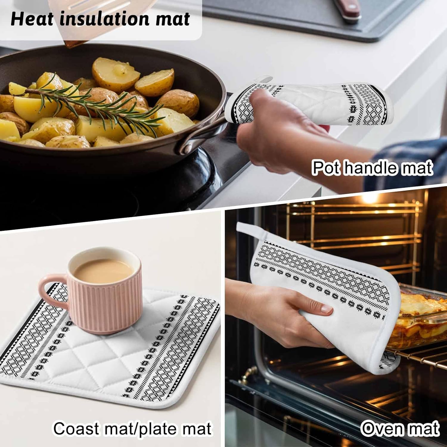 Boho Black Pot Holders for Kitchen Heatproof Potholder, 5 Pack Farmhouse Vintage Bohemia Geometric Hot Pads Multipurpose Oven Pads Cloth Potholders Trivet for Cooking Baking